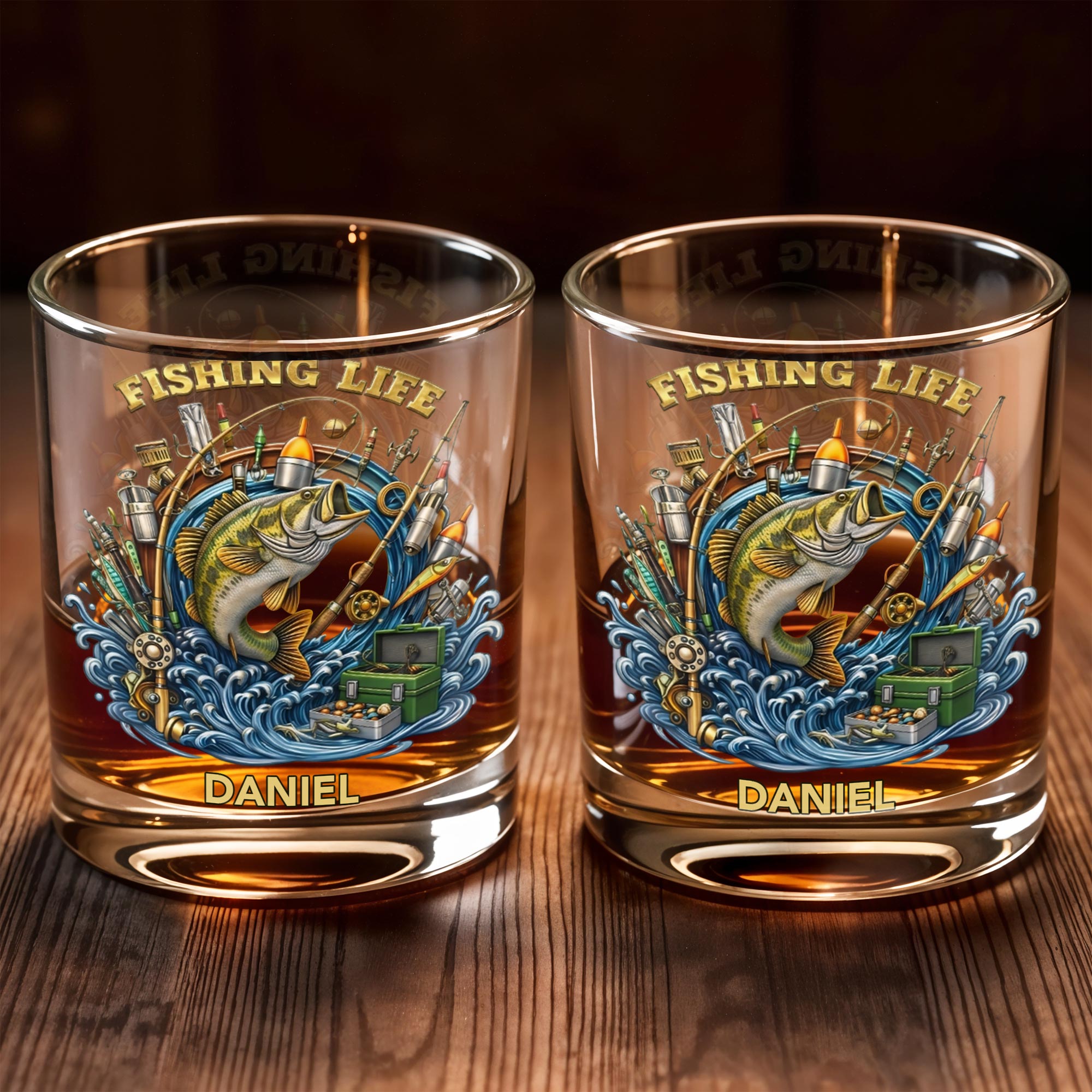 Fishing Life With Jumping Bass And Fishing Gear 3D Effect - Personalized Custom Whiskey Glass - FISH042_RWG