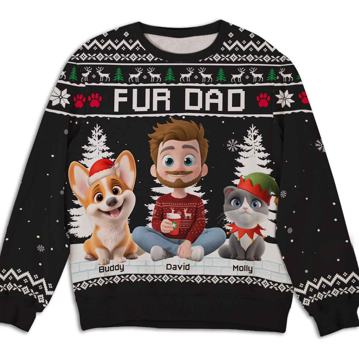 Christmas With Fur My Mom Dad Cartoon - Personalized All-Over-Print Sweatshirt - Christmas Gift For Mom, Dad