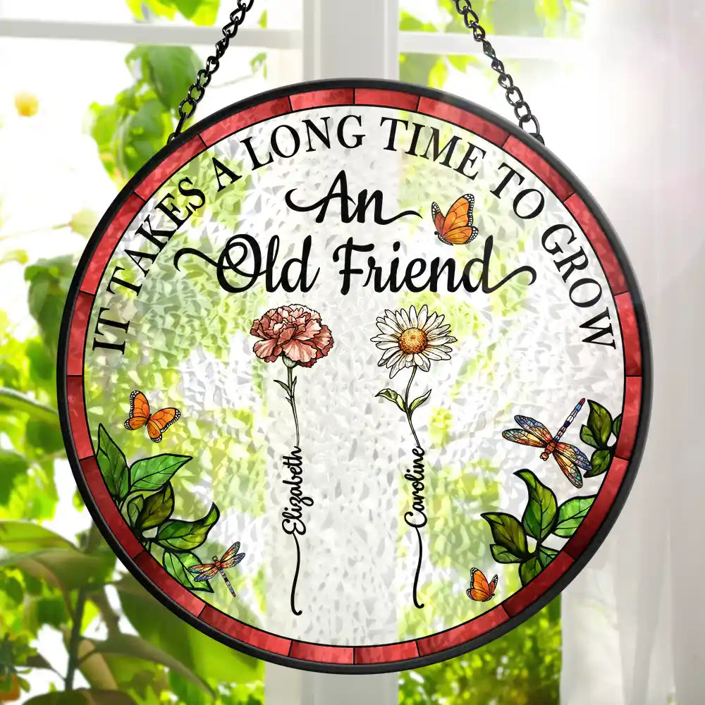 Birth Flower Grow An Old Friend personalized stained glass suncatcher