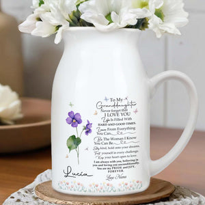To My Granddaughter, Pride And Joy With Flowers And Hearts - Personalized Ceramic Flower Vase