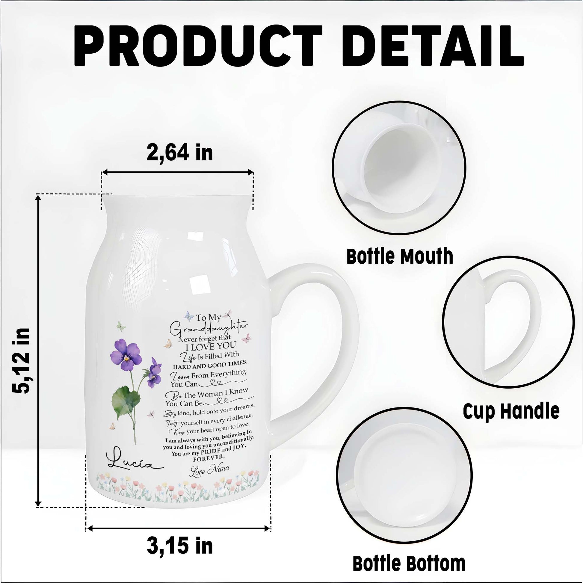 To My Granddaughter, Pride And Joy With Flowers And Hearts - Personalized Ceramic Flower Vase