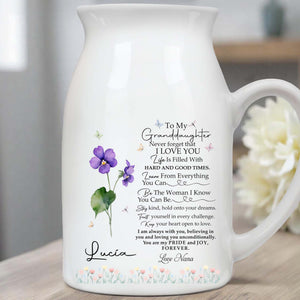 To My Granddaughter, Pride And Joy With Flowers And Hearts - Personalized Ceramic Flower Vase