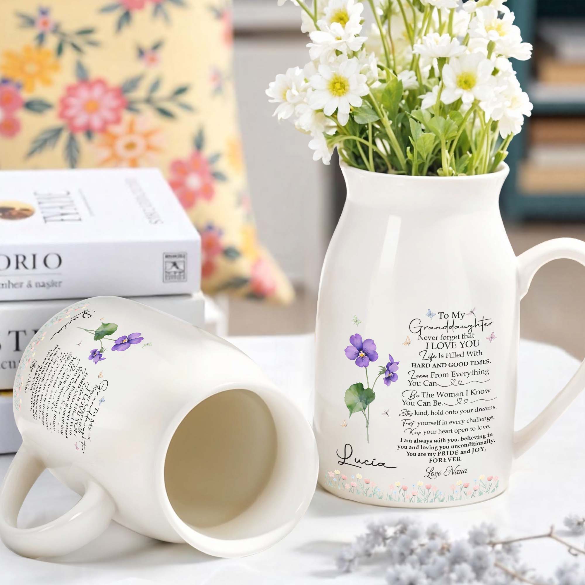 To My Granddaughter, Pride And Joy With Flowers And Hearts - Personalized Ceramic Flower Vase