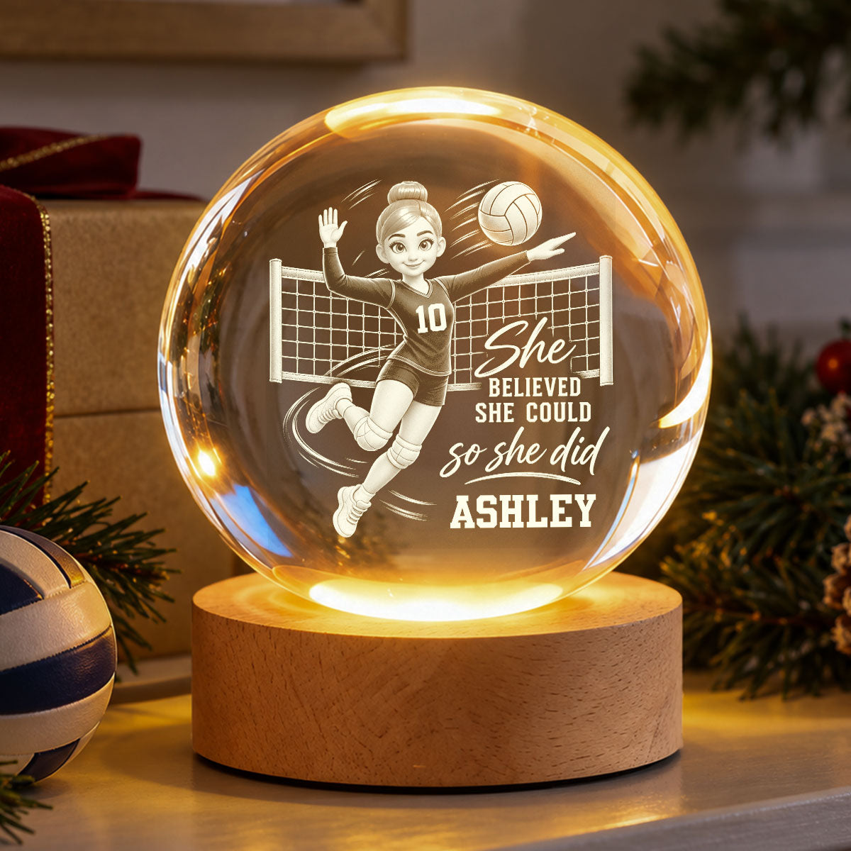 Proud Volleyball Player She Believed She Could So She Did - Personalized Crystal Ball LED Night Light