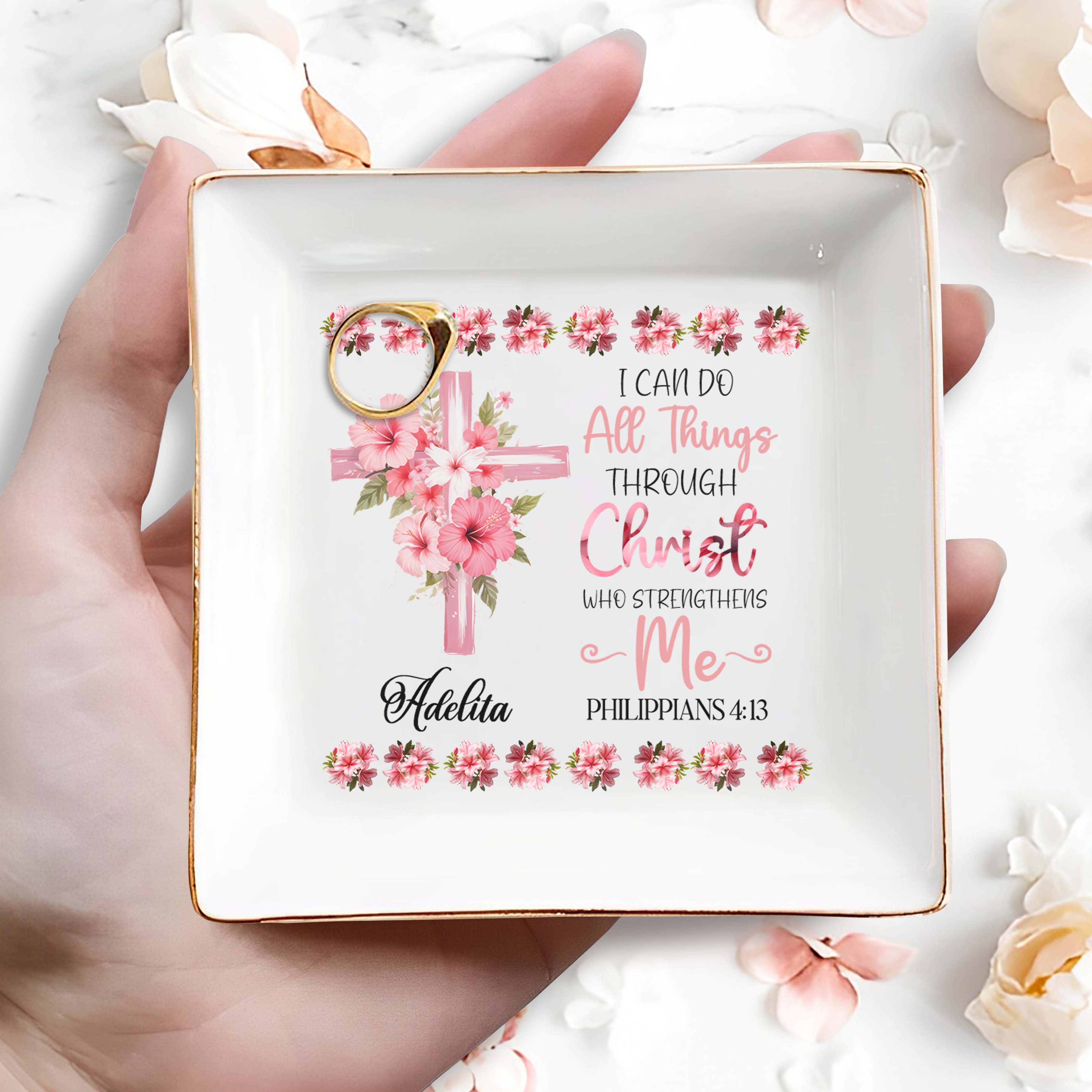 I Can Do All Things Through Christ Floral Cross Dish - Personalized Custom Jewelry Dish - FTH004_SCRD