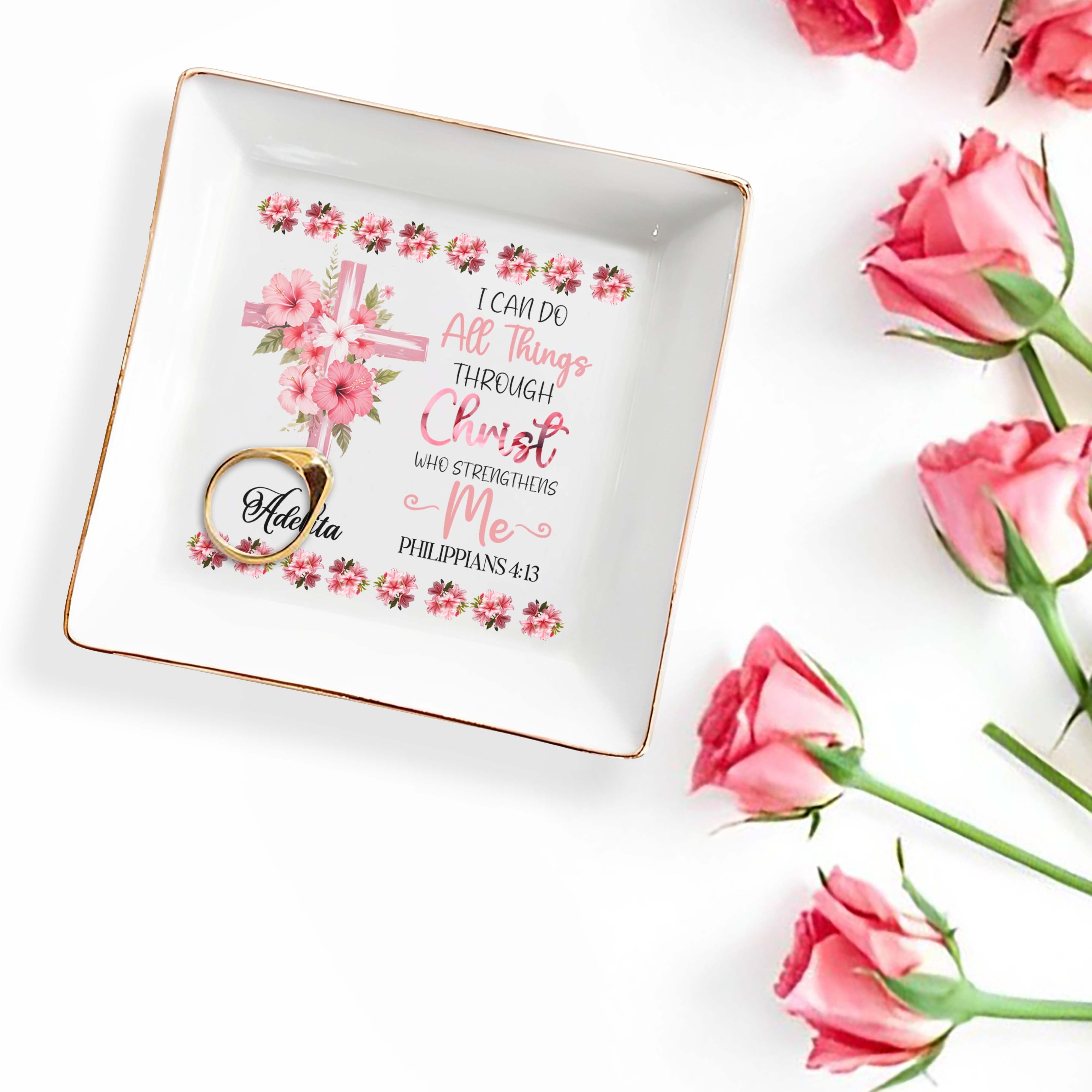I Can Do All Things Through Christ Floral Cross Dish - Personalized Custom Jewelry Dish - FTH004_SCRD