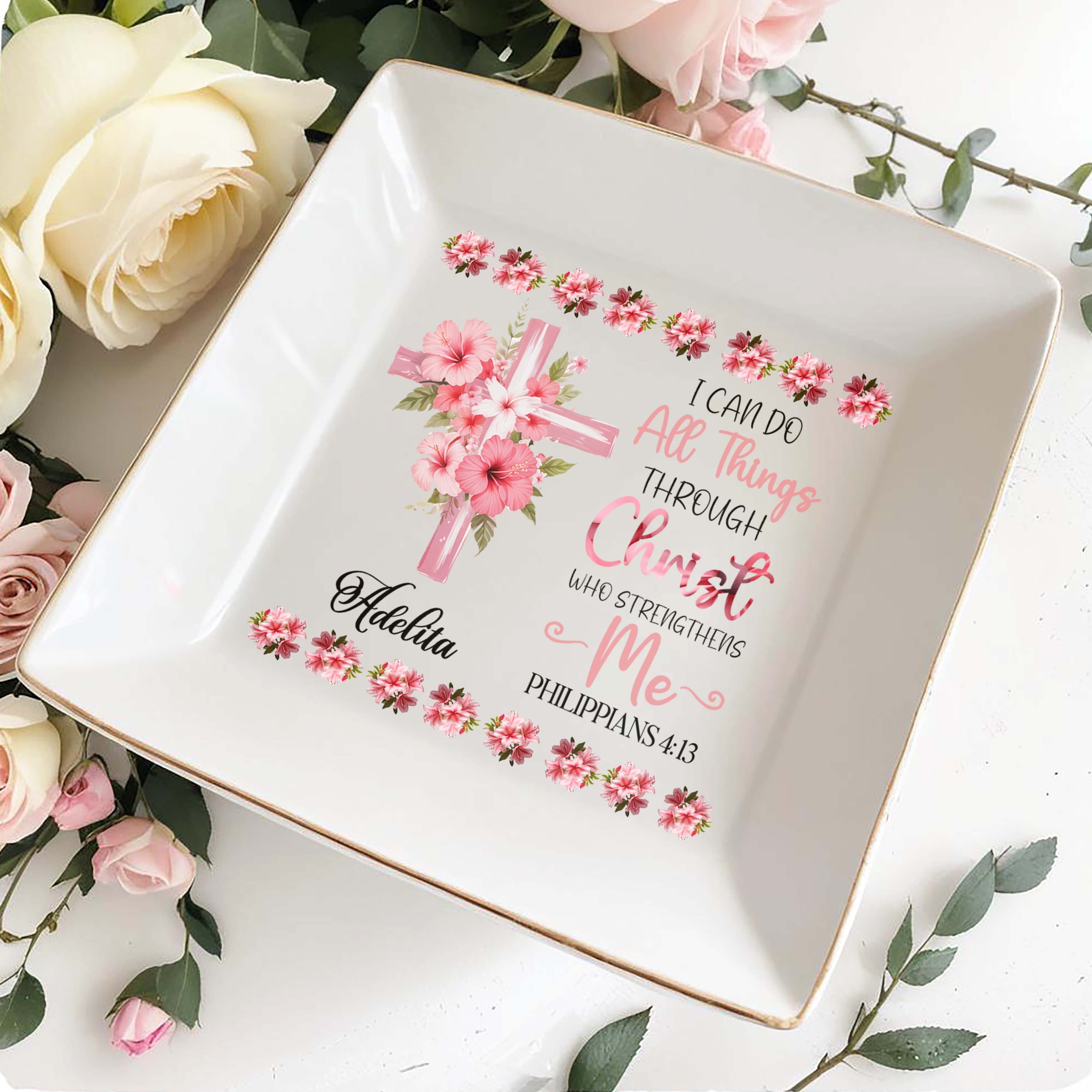I Can Do All Things Through Christ Floral Cross Dish - Personalized Custom Jewelry Dish - FTH004_SCRD