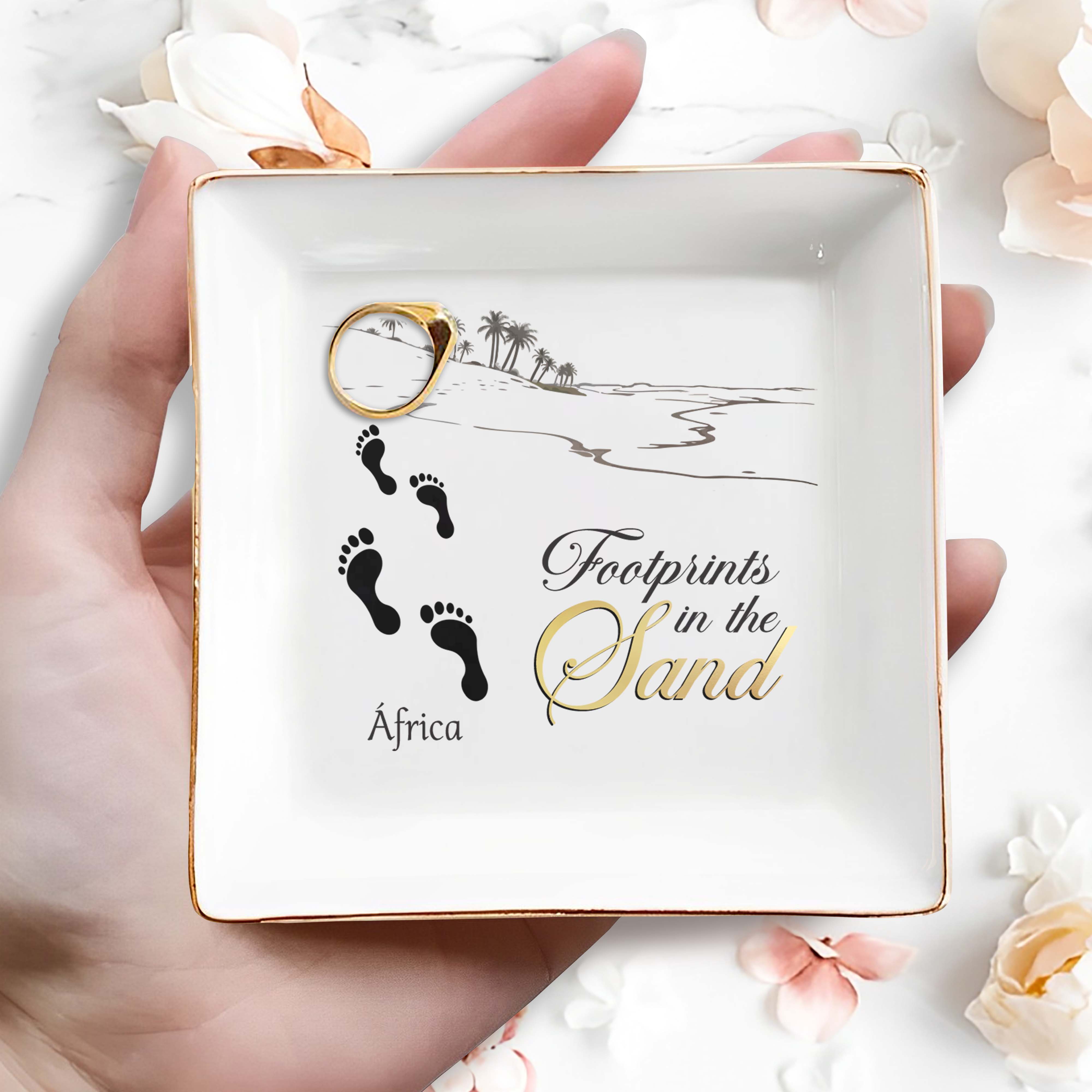 Footprints in the Sand With Beach and Palm Trees - Personalized Custom Jewelry Dish - FTH017_SCRD
