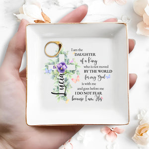 Daughter Of A King Spiritual Quote With Cross And Flowers - Personalized Custom Jewelry Dish - FTH018_SCRD