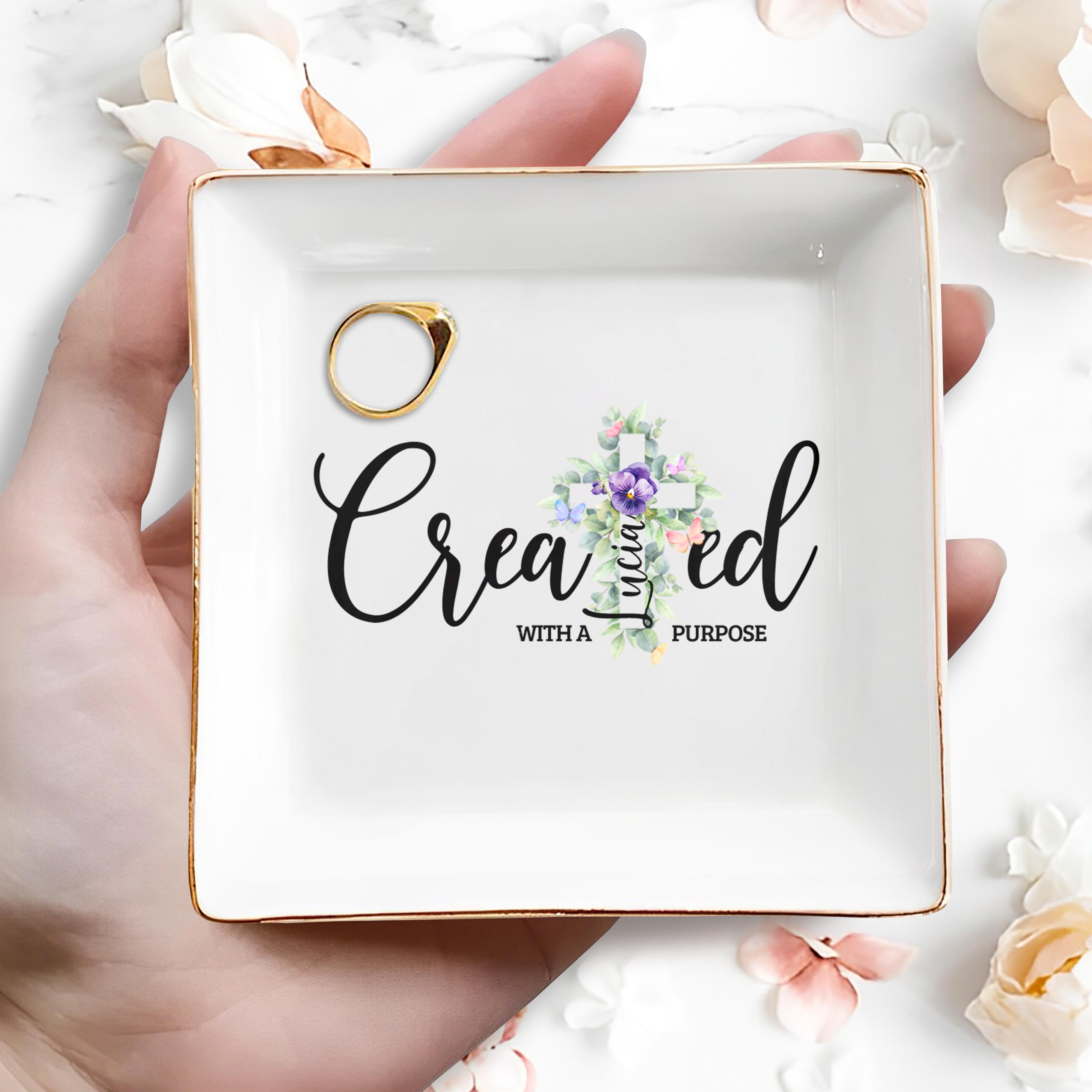 Created With A Purpose Inspirational Quote With Flowers - Personalized Custom Jewelry Dish - FTH021_SCRD