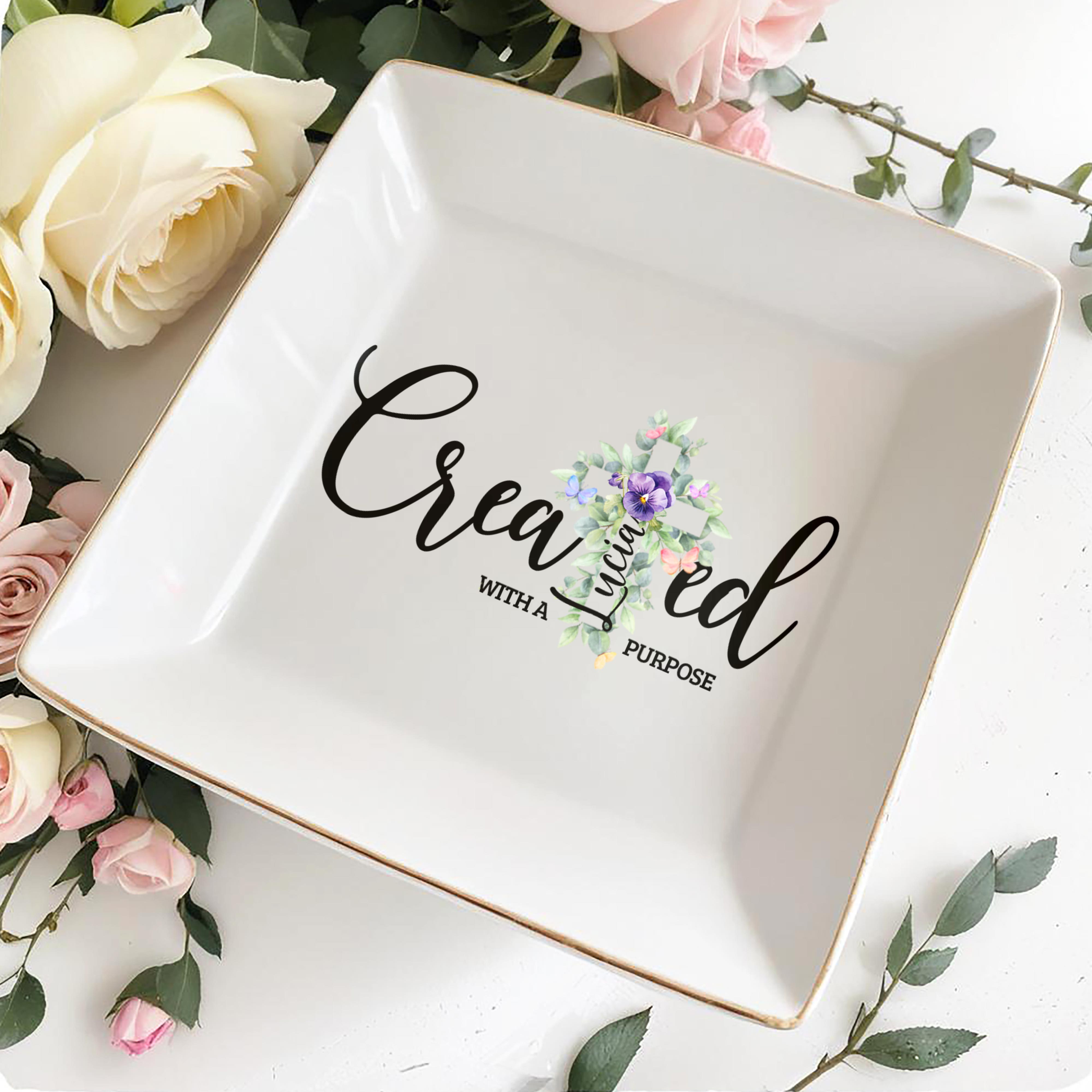 Created With A Purpose Inspirational Quote With Flowers - Personalized Custom Jewelry Dish - FTH021_SCRD