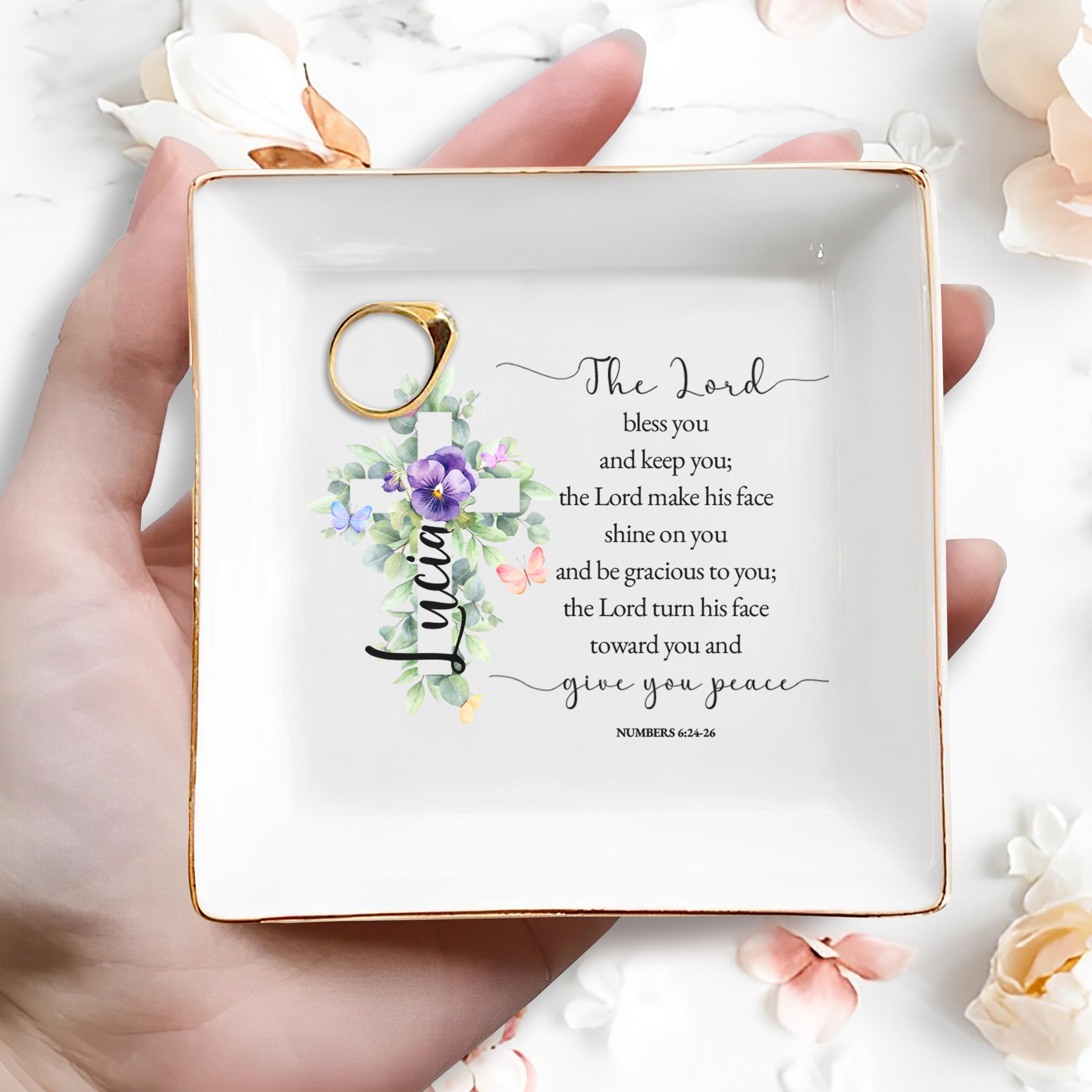 The Lord Bless You With Peace Floral Cross - Personalized Custom Jewelry Dish - FTH024_SCRD