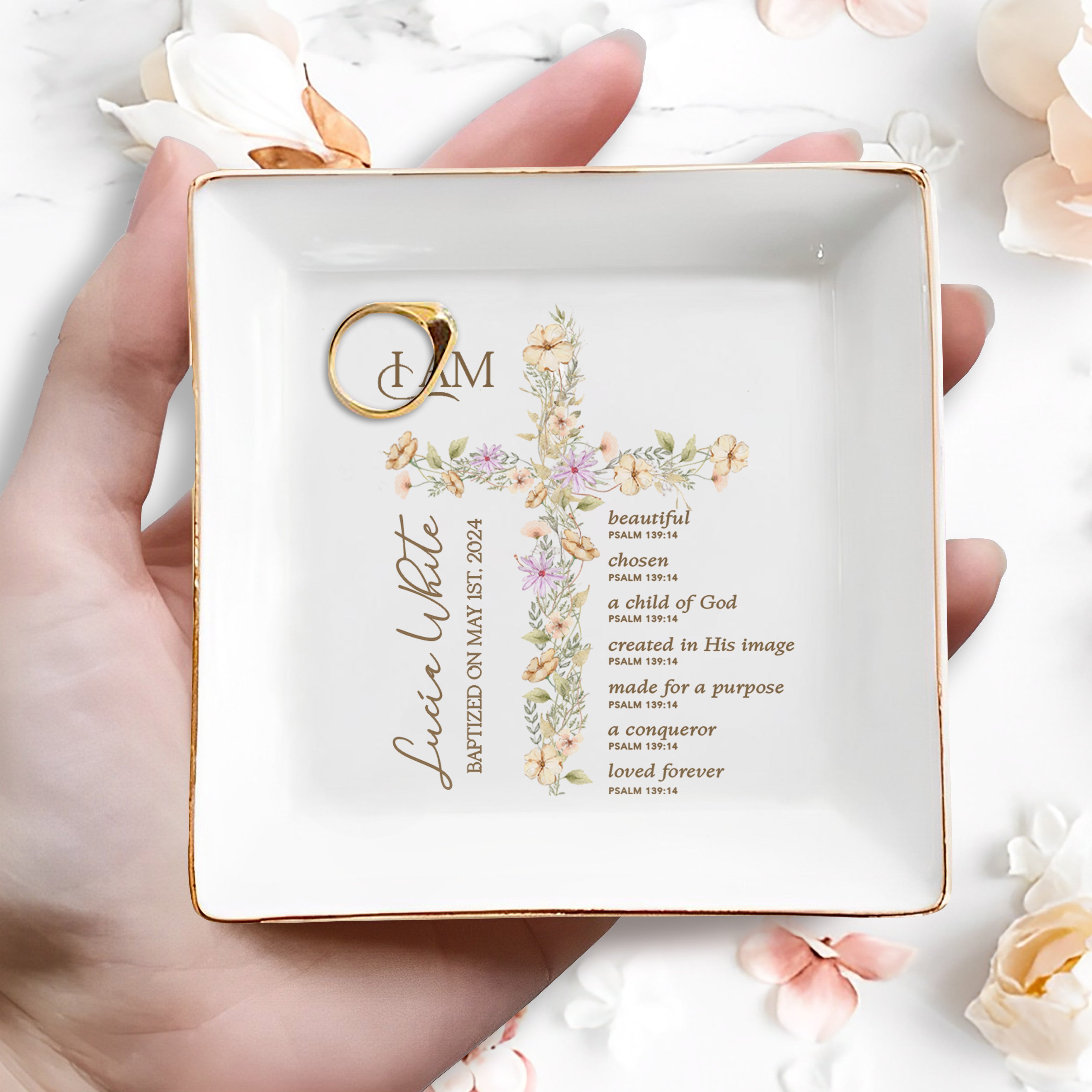 Beautiful Child Of God, Floral Cross Jewelry Dish - Personalized Custom Jewelry Dish - FTH032_SCRD