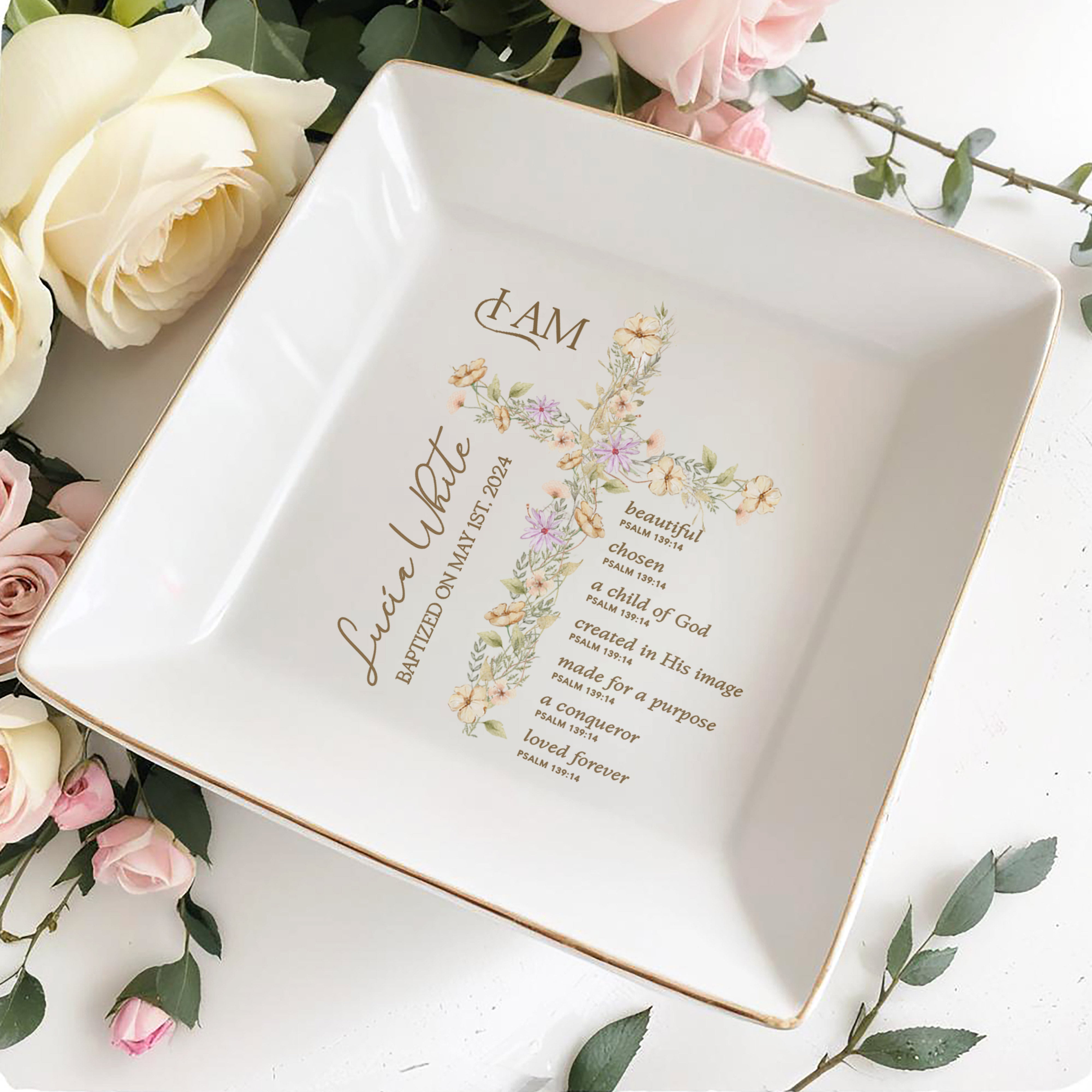 Beautiful Child Of God, Floral Cross Jewelry Dish - Personalized Custom Jewelry Dish - FTH032_SCRD