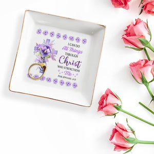 I Can Do All Things Through Christ Floral Cross Jewelry Dish - Personalized Custom Jewelry Dish - FTH033_SCRD