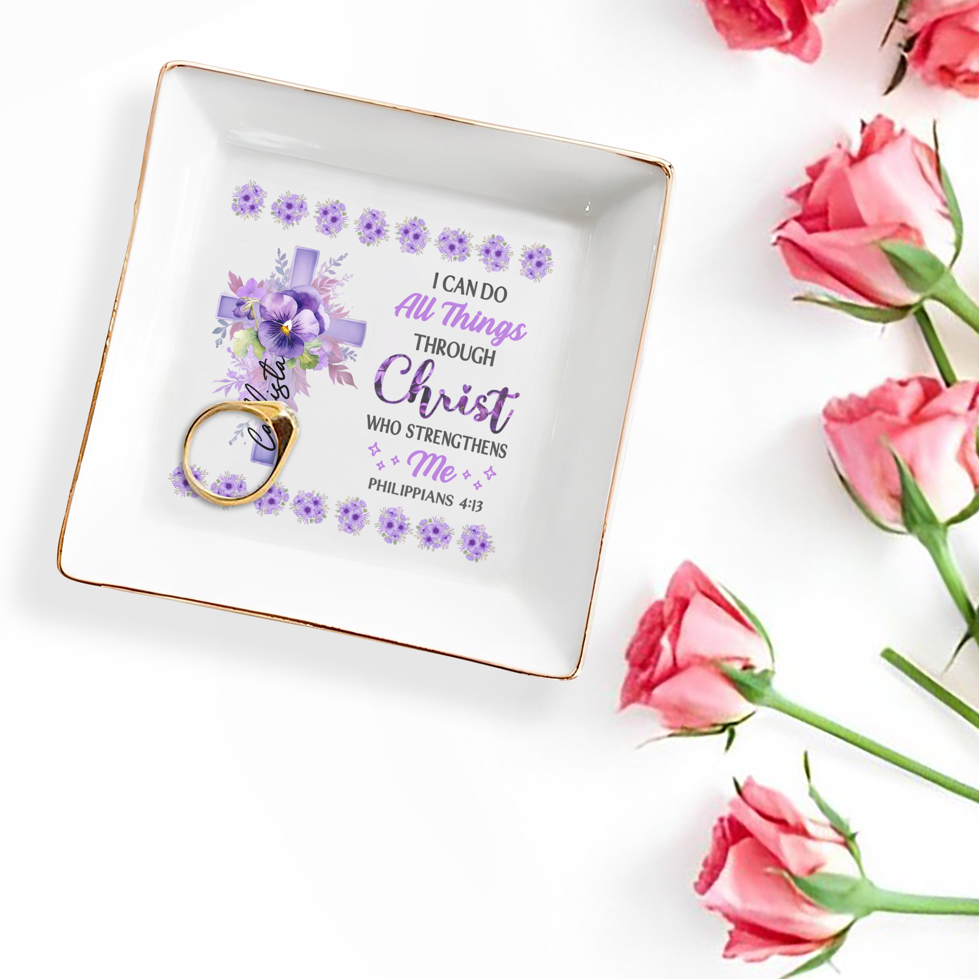 I Can Do All Things Through Christ Floral Cross Jewelry Dish - Personalized Custom Jewelry Dish - FTH033_SCRD