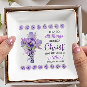 I Can Do All Things Through Christ Floral Cross Jewelry Dish - Personalized Custom Jewelry Dish - FTH033_SCRD