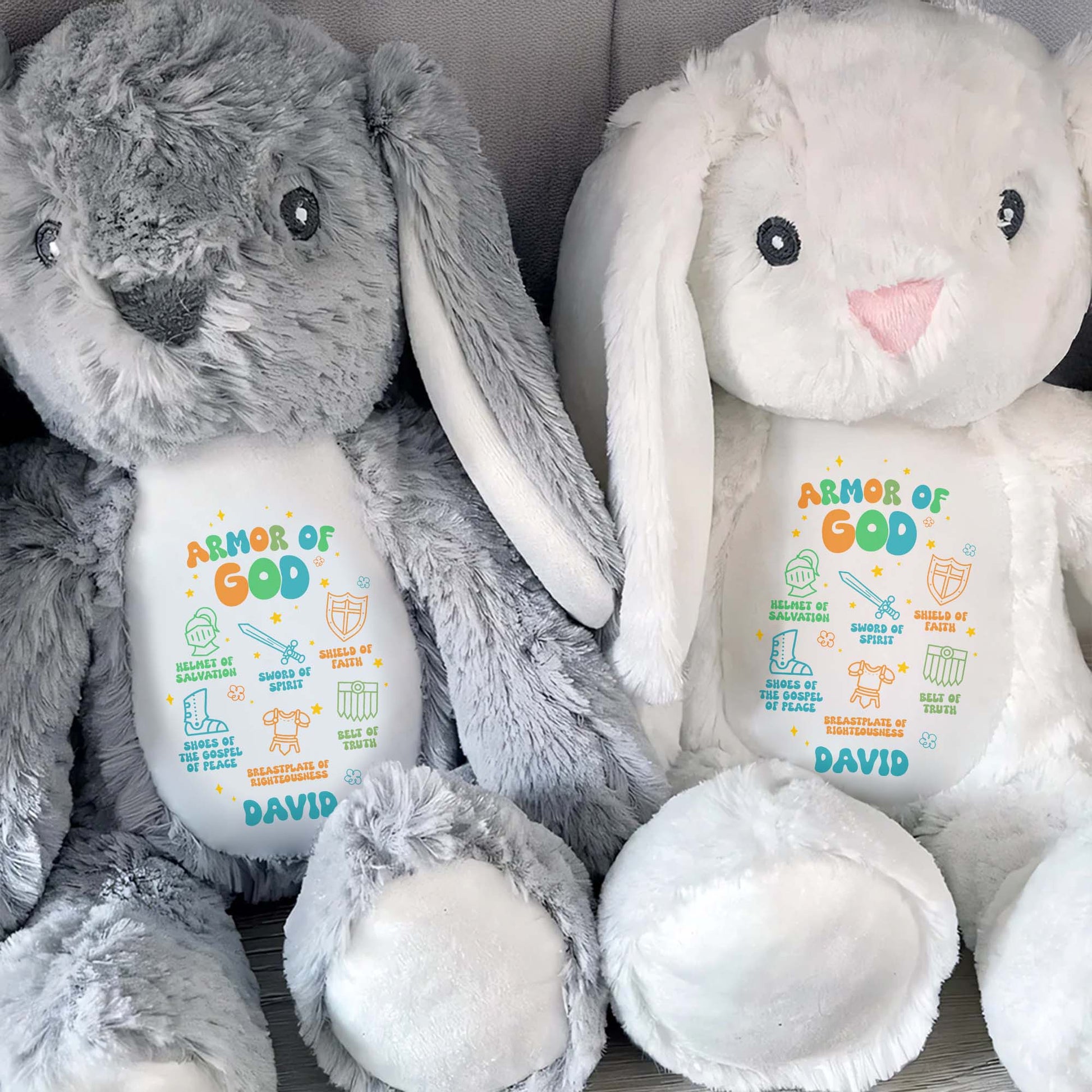 Armor Of God, Helmet Of Salvation, Sword Of Spirit, Shield Of Faith, Shoes Of Gospel Of Peace, Breastplate Of Righteousness, Belt Of Truth - Personalized Stuffed Bunny - FTH040_BUN