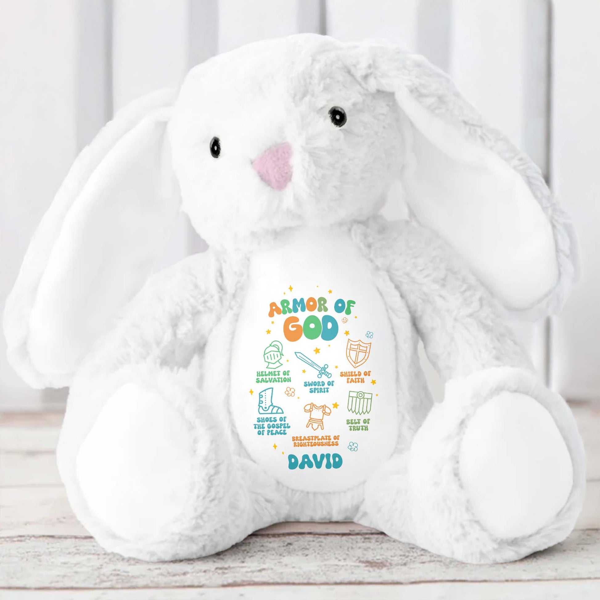 Armor Of God, Helmet Of Salvation, Sword Of Spirit, Shield Of Faith, Shoes Of Gospel Of Peace, Breastplate Of Righteousness, Belt Of Truth - Personalized Stuffed Bunny - FTH040_BUN