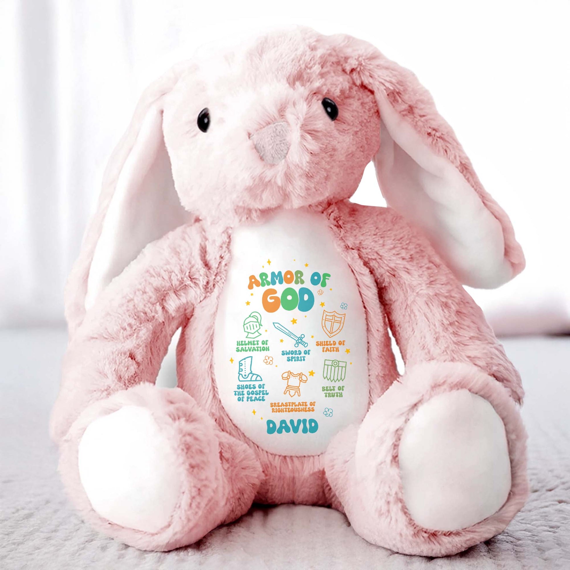 Armor Of God, Helmet Of Salvation, Sword Of Spirit, Shield Of Faith, Shoes Of Gospel Of Peace, Breastplate Of Righteousness, Belt Of Truth - Personalized Stuffed Bunny - FTH040_BUN