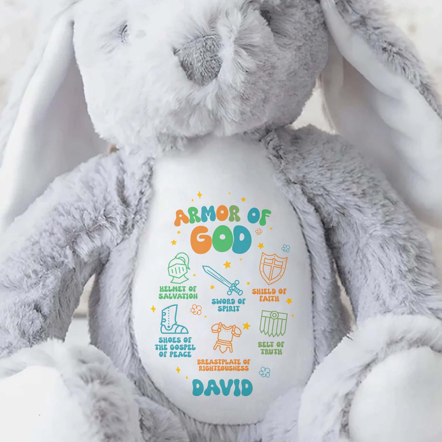 Armor Of God, Helmet Of Salvation, Sword Of Spirit, Shield Of Faith, Shoes Of Gospel Of Peace, Breastplate Of Righteousness, Belt Of Truth - Personalized Stuffed Bunny - FTH040_BUN