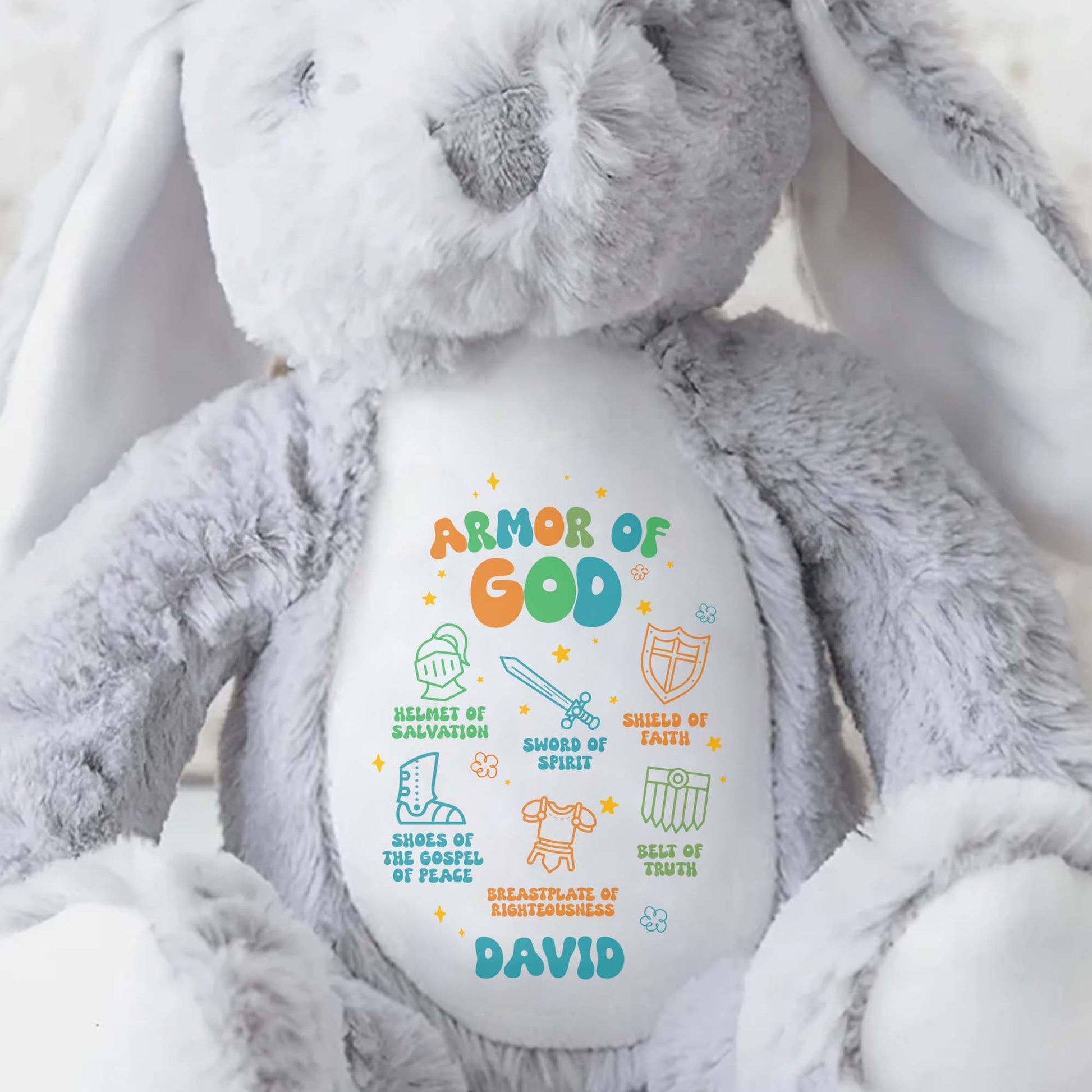 Armor Of God, Helmet Of Salvation, Sword Of Spirit, Shield Of Faith, Shoes Of Gospel Of Peace, Breastplate Of Righteousness, Belt Of Truth - Personalized Stuffed Bunny - FTH040_BUN