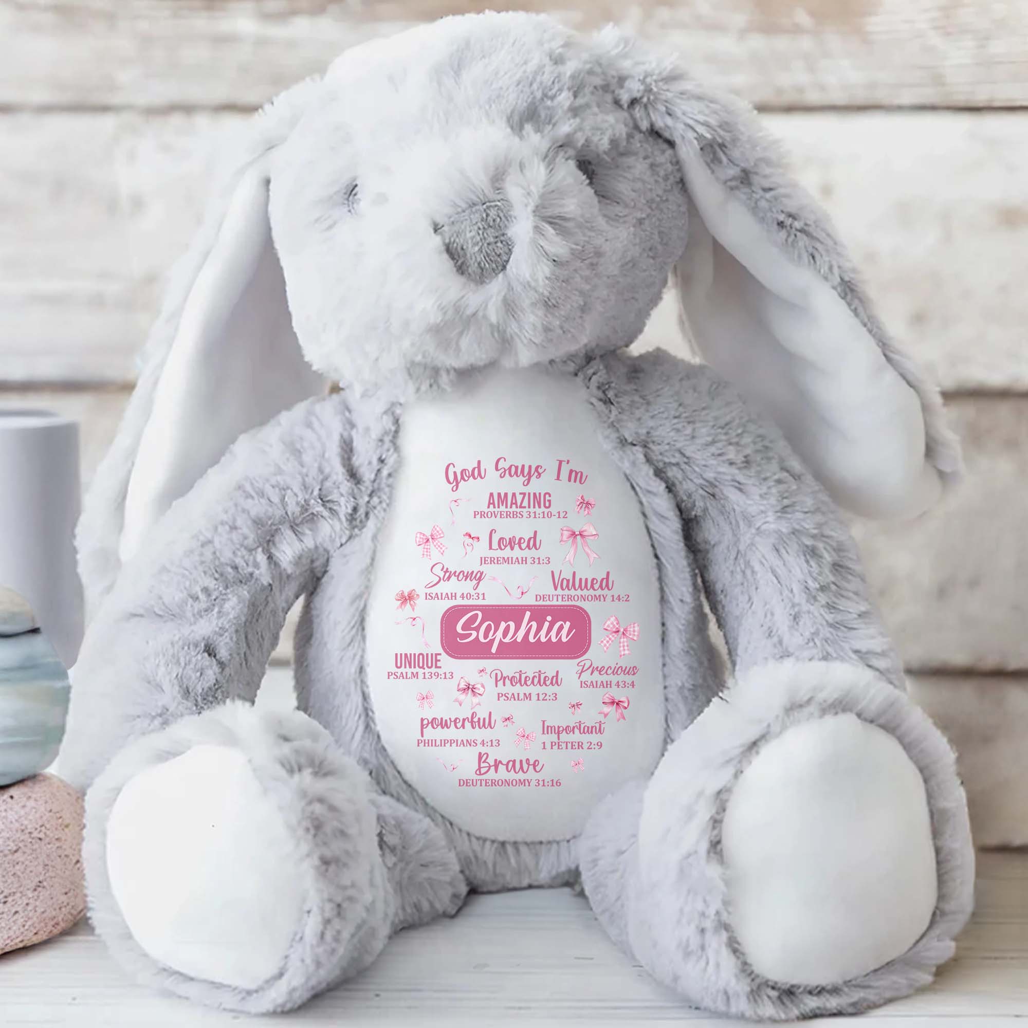 God Says I'm Amazing Loved Strong, Religious Symbols Bunny - Personalized Stuffed Bunny - FTH041_BUN