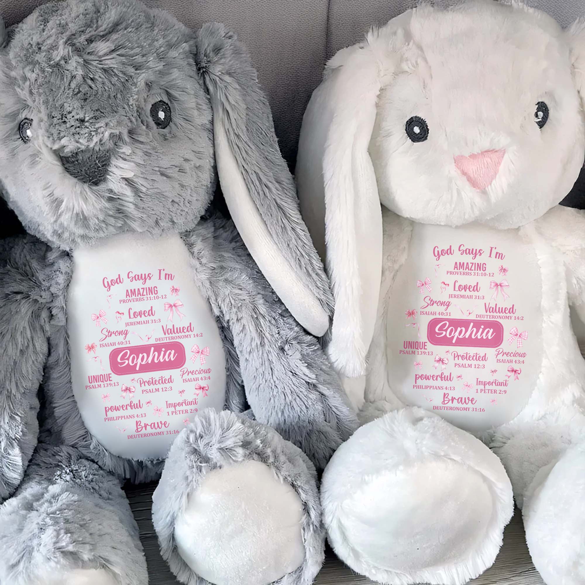God Says I'm Amazing Loved Strong, Religious Symbols Bunny - Personalized Stuffed Bunny - FTH041_BUN