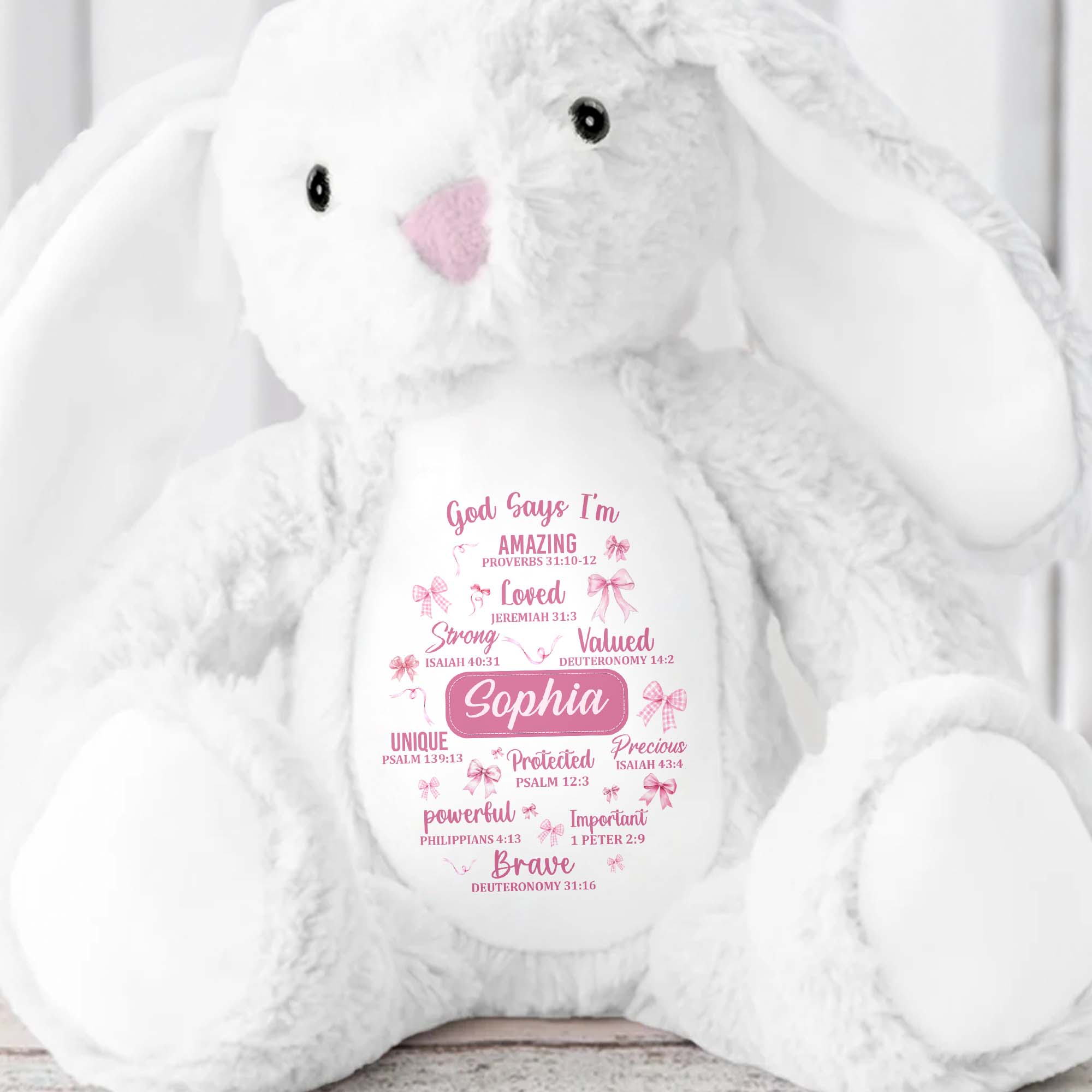 God Says I'm Amazing Loved Strong, Religious Symbols Bunny - Personalized Stuffed Bunny - FTH041_BUN