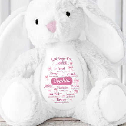 God Says I'm Amazing Loved Strong, Religious Symbols Bunny - Personalized Stuffed Bunny - FTH041_BUN