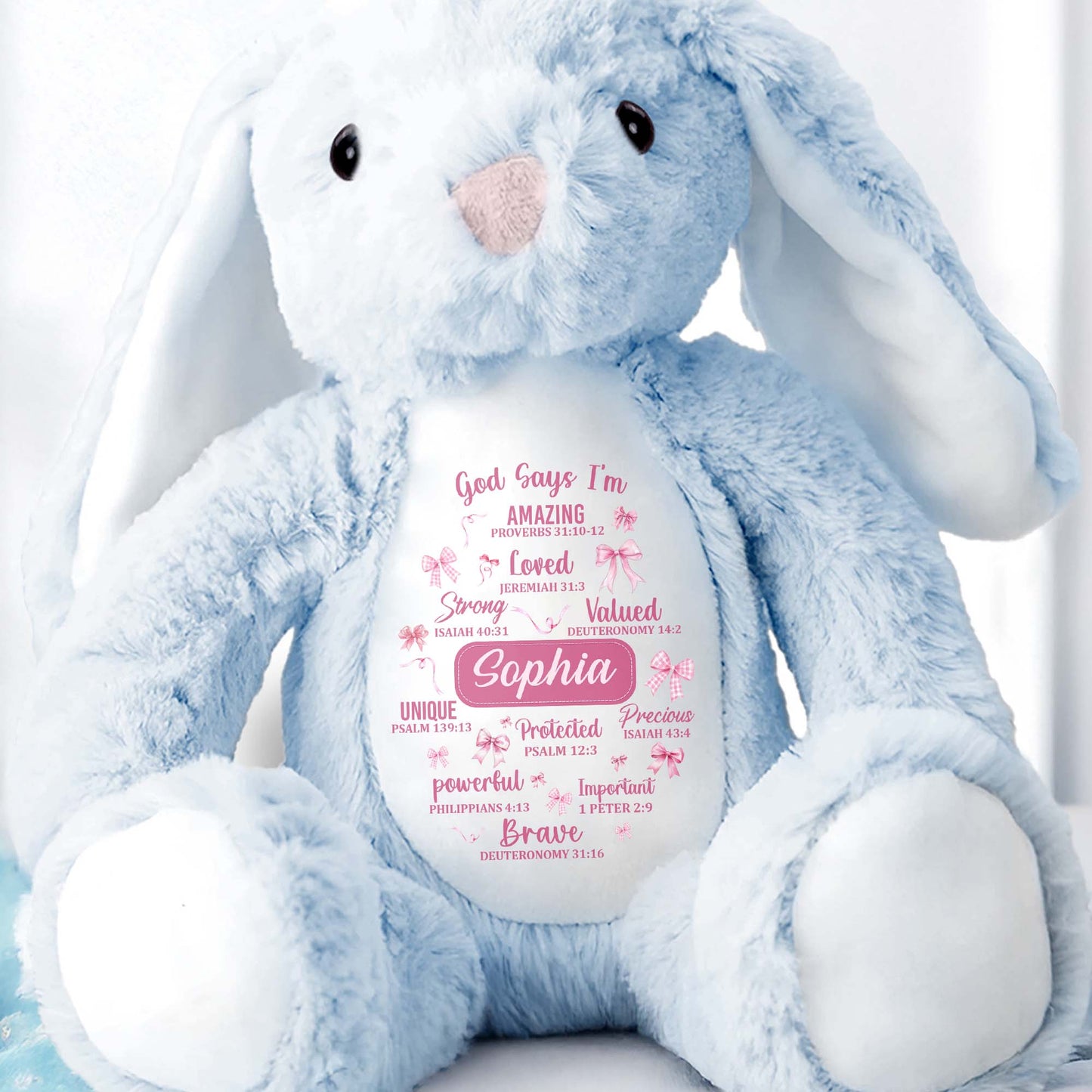 God Says I'm Amazing Loved Strong, Religious Symbols Bunny - Personalized Stuffed Bunny - FTH041_BUN