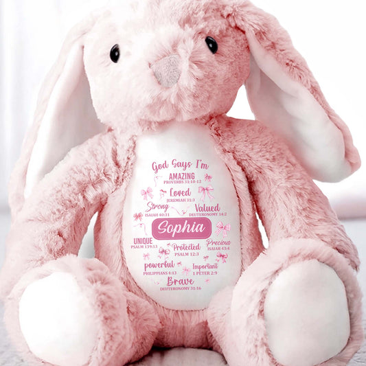 God Says I'm Amazing Loved Strong, Religious Symbols Bunny - Personalized Stuffed Bunny - FTH041_BUN
