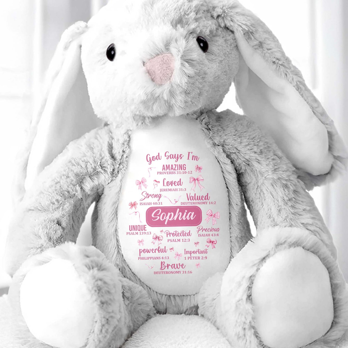 God Says I'm Amazing Loved Strong, Religious Symbols Bunny - Personalized Stuffed Bunny - FTH041_BUN