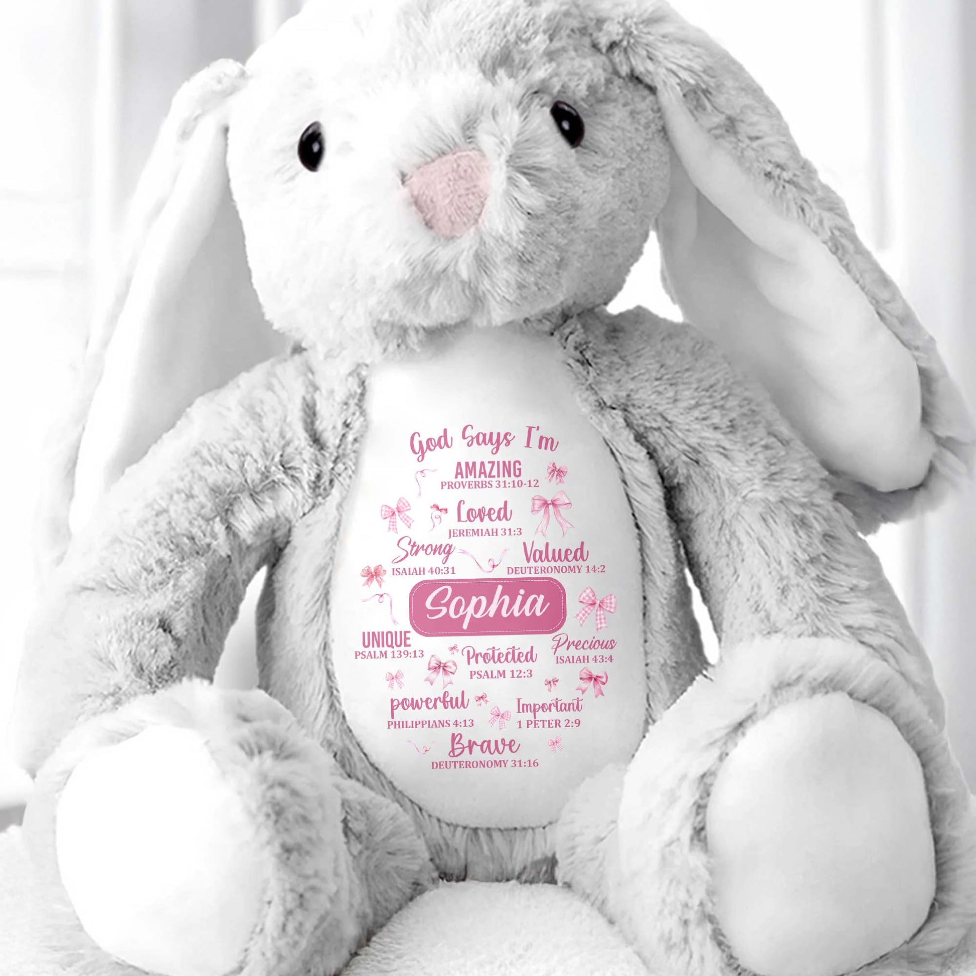 God Says I'm Amazing Loved Strong, Religious Symbols Bunny - Personalized Stuffed Bunny - FTH041_BUN