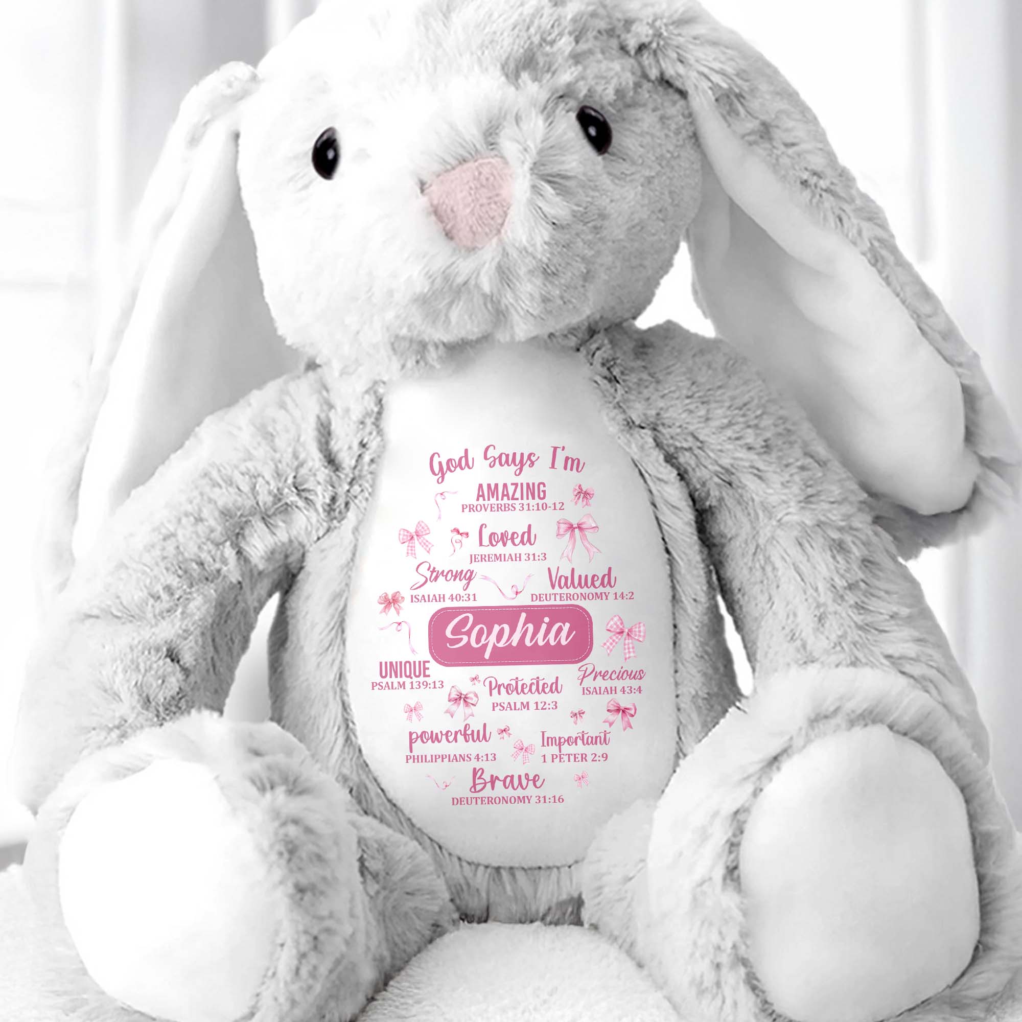 God Says I'm Amazing Loved Strong, Religious Symbols Bunny - Personalized Stuffed Bunny - FTH041_BUN