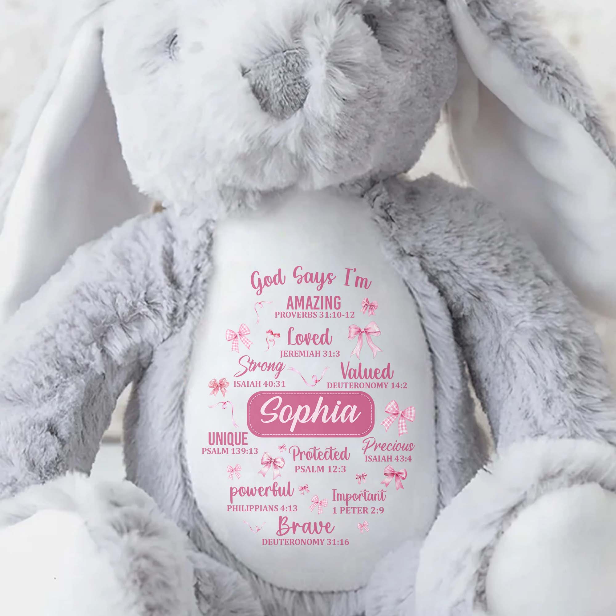 God Says I'm Amazing Loved Strong, Religious Symbols Bunny - Personalized Stuffed Bunny - FTH041_BUN
