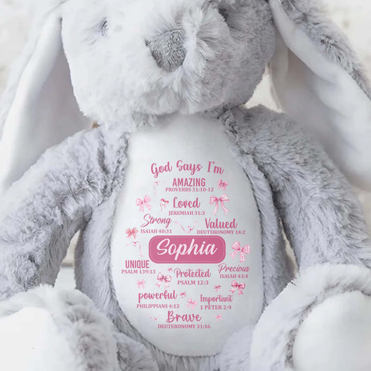 God Says I'm Amazing Loved Strong, Religious Symbols Bunny - Personalized Stuffed Bunny - FTH041_BUN