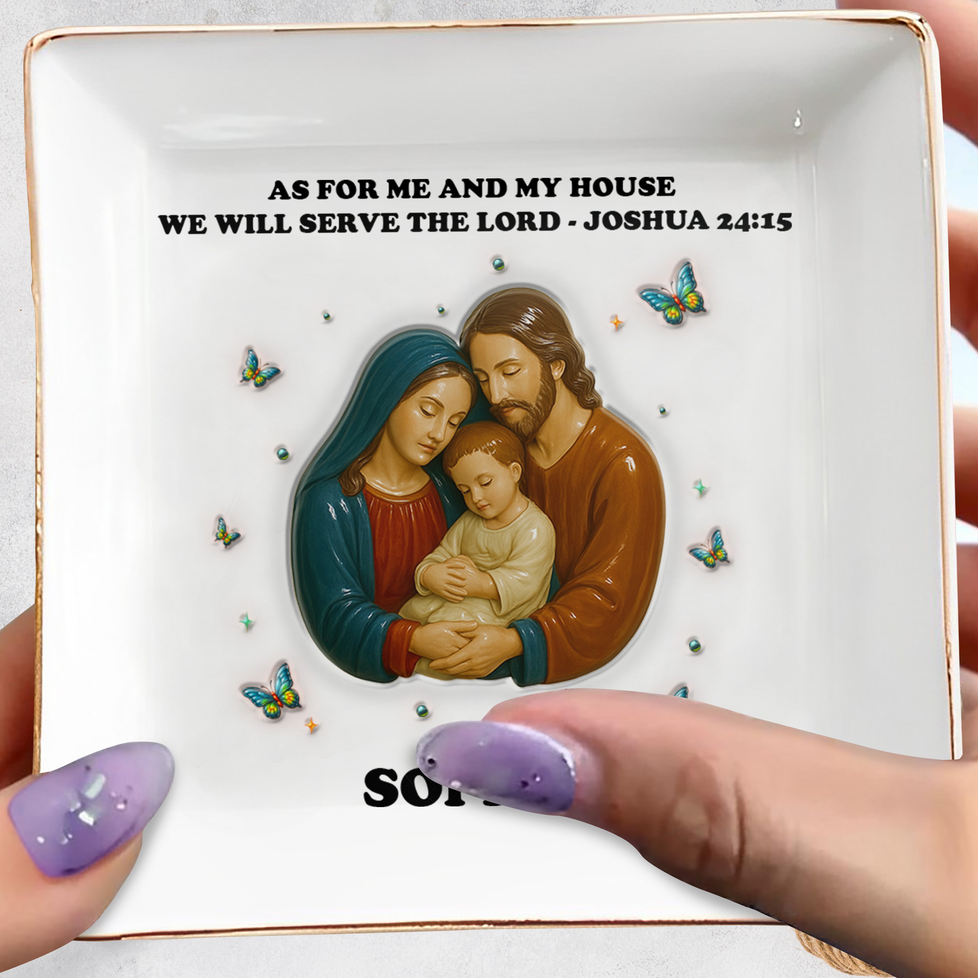 As For Me And My House We Will Serve The Lord, Holy Family and Butterflies - Personalized Custom Jewelry Dish, Square Ceramic Dish - FTH046_SCRD