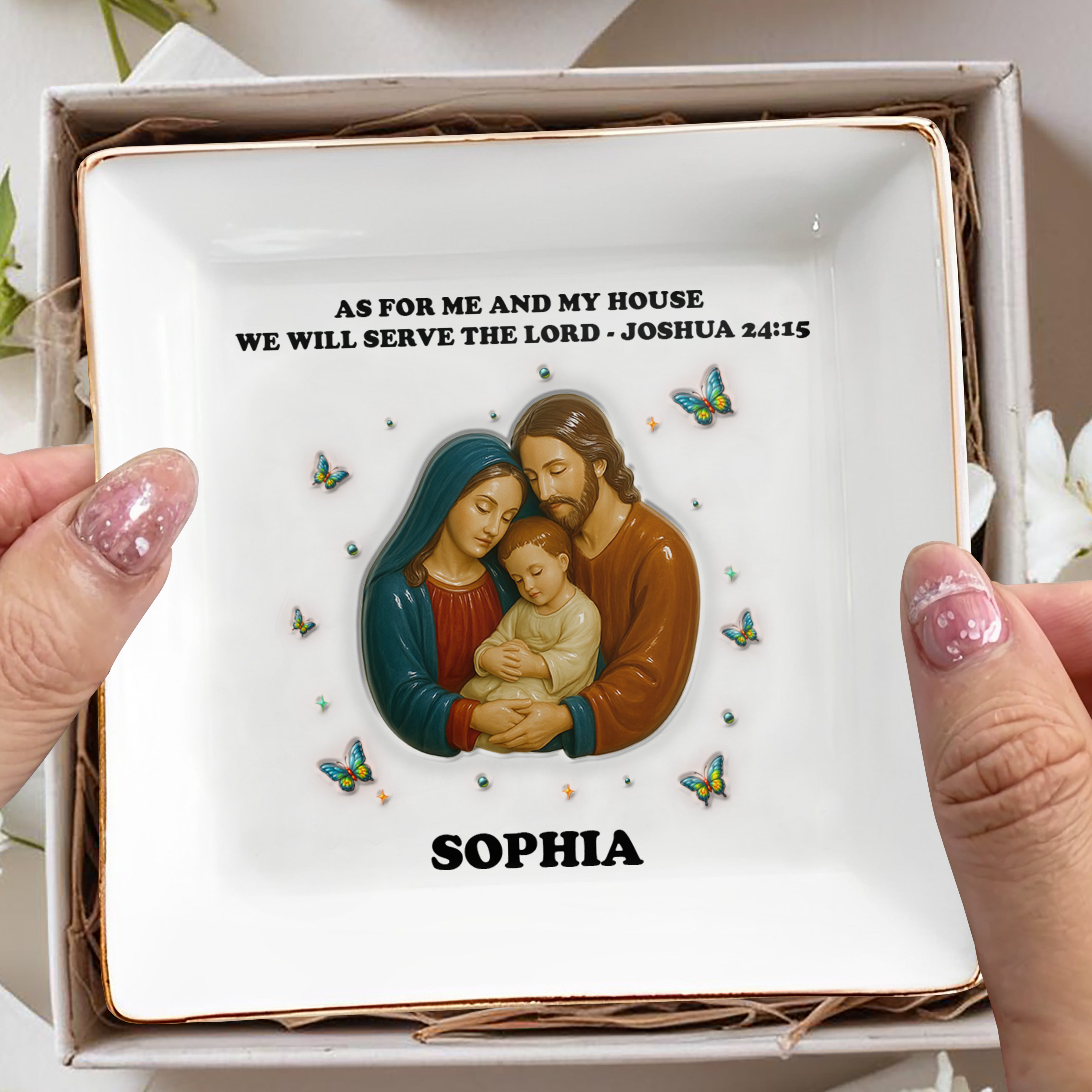 As For Me And My House We Will Serve The Lord, Holy Family and Butterflies - Personalized Custom Jewelry Dish, Square Ceramic Dish - FTH046_SCRD