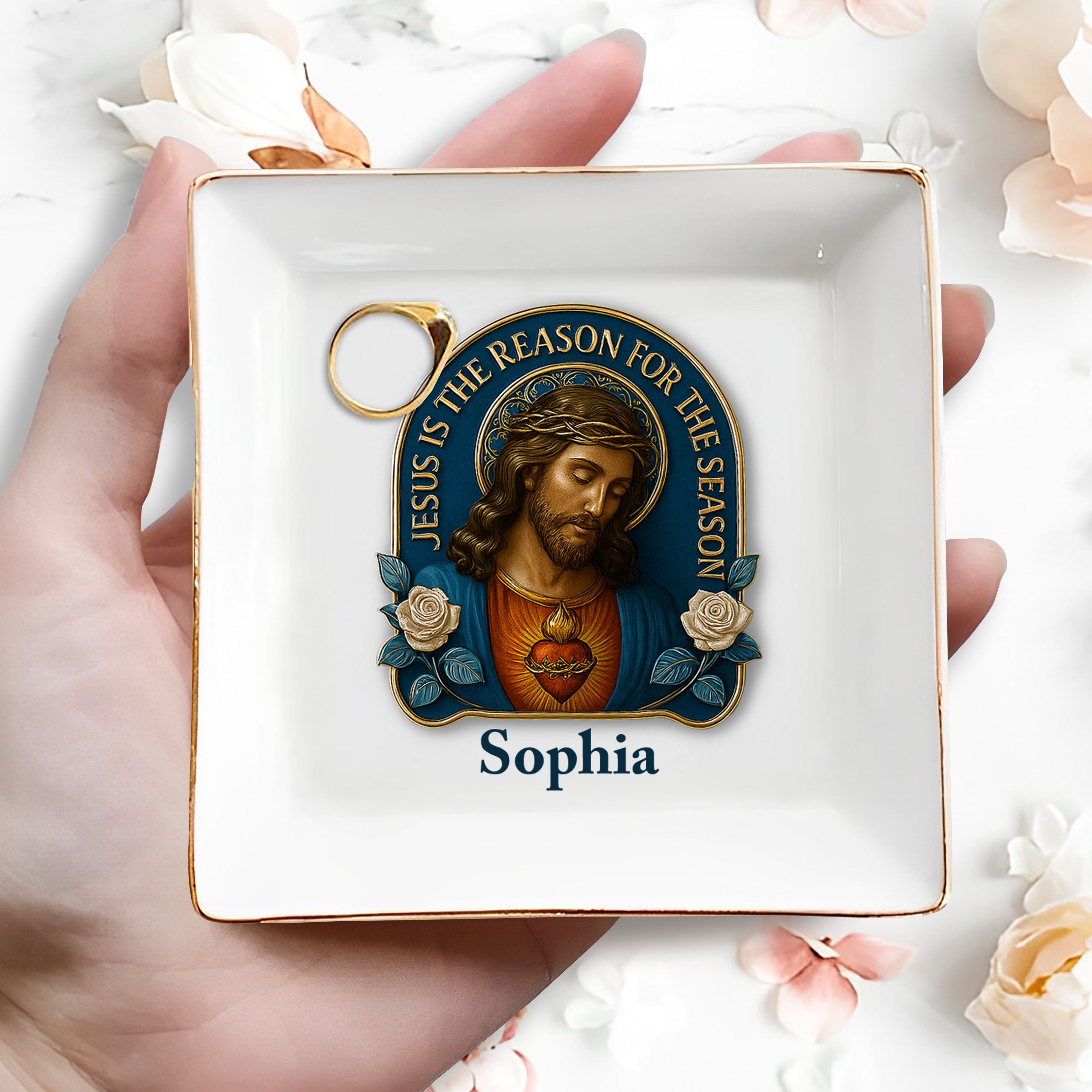 Jesus Is The Reason For The Season, Jesus Image and Roses - Personalized Custom Jewelry Dish, Square Ceramic Dish - FTH051_SCRD