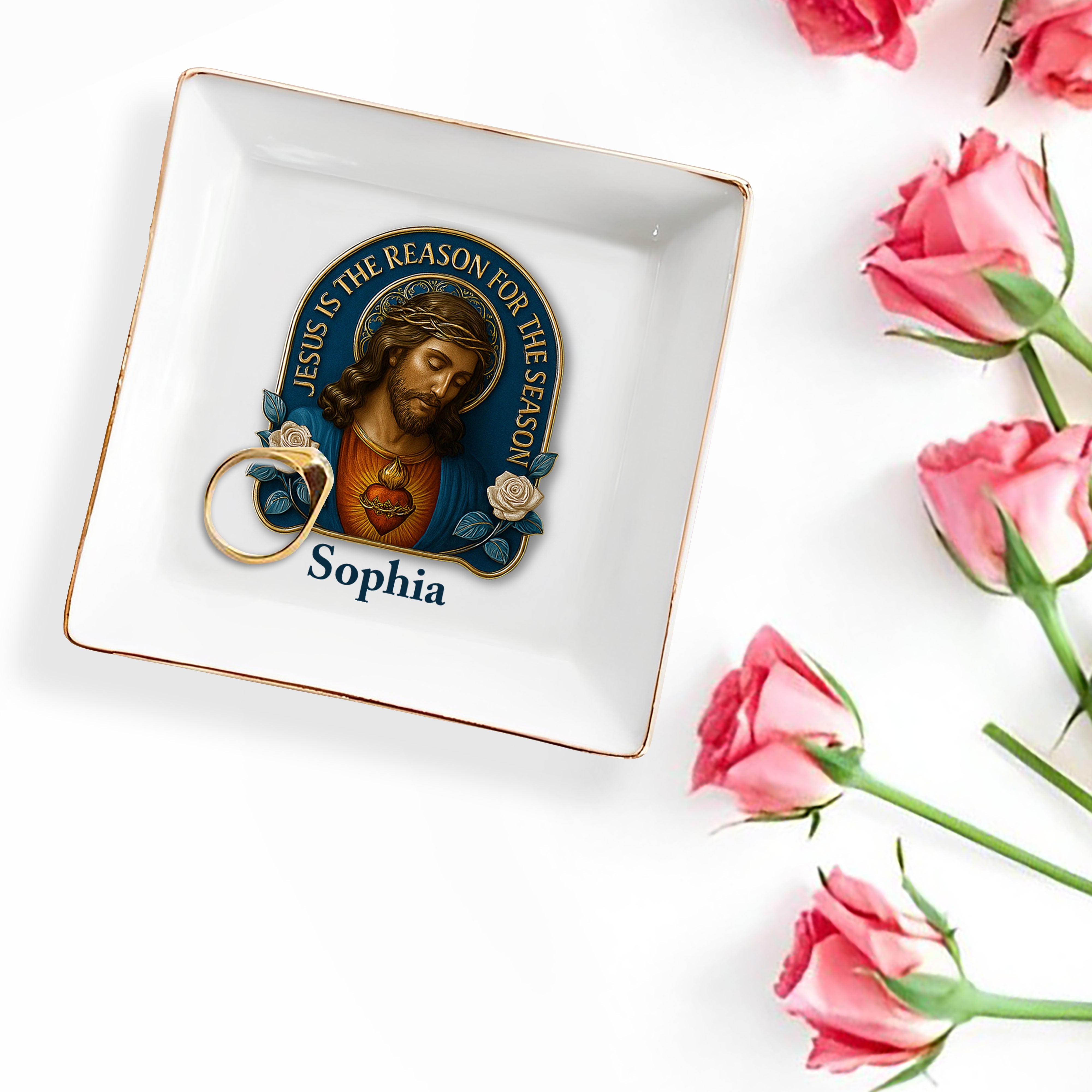 Jesus Is The Reason For The Season, Jesus Image and Roses - Personalized Custom Jewelry Dish, Square Ceramic Dish - FTH051_SCRD