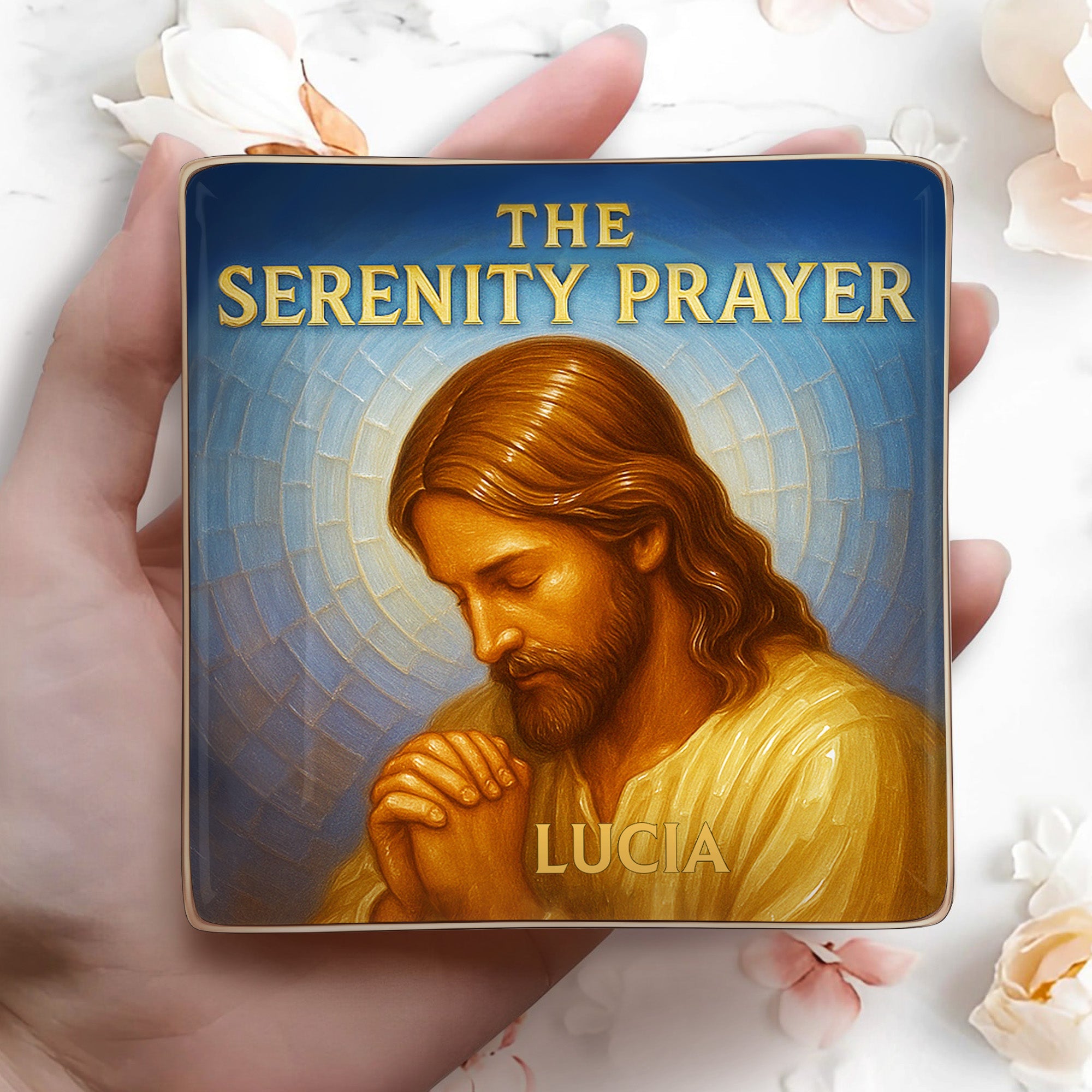 The Serenity Prayer, Religious Iconography and Jesus Christ - Personalized Custom Jewelry Dish, Ceramic Dish, Square Shape - FTH053_SCRF