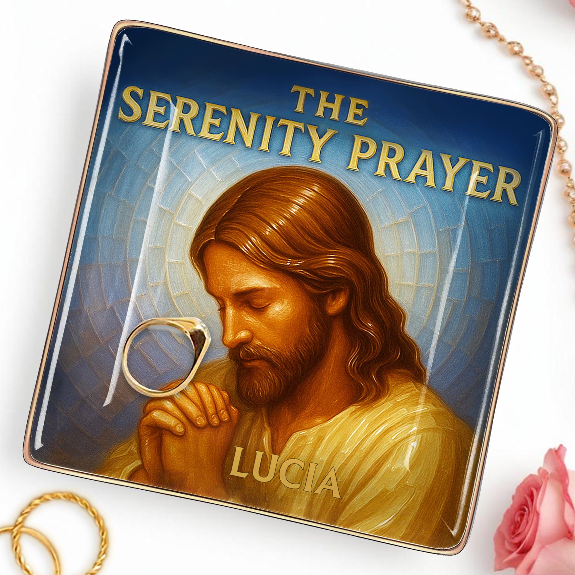The Serenity Prayer, Religious Iconography and Jesus Christ - Personalized Custom Jewelry Dish, Ceramic Dish, Square Shape - FTH053_SCRF