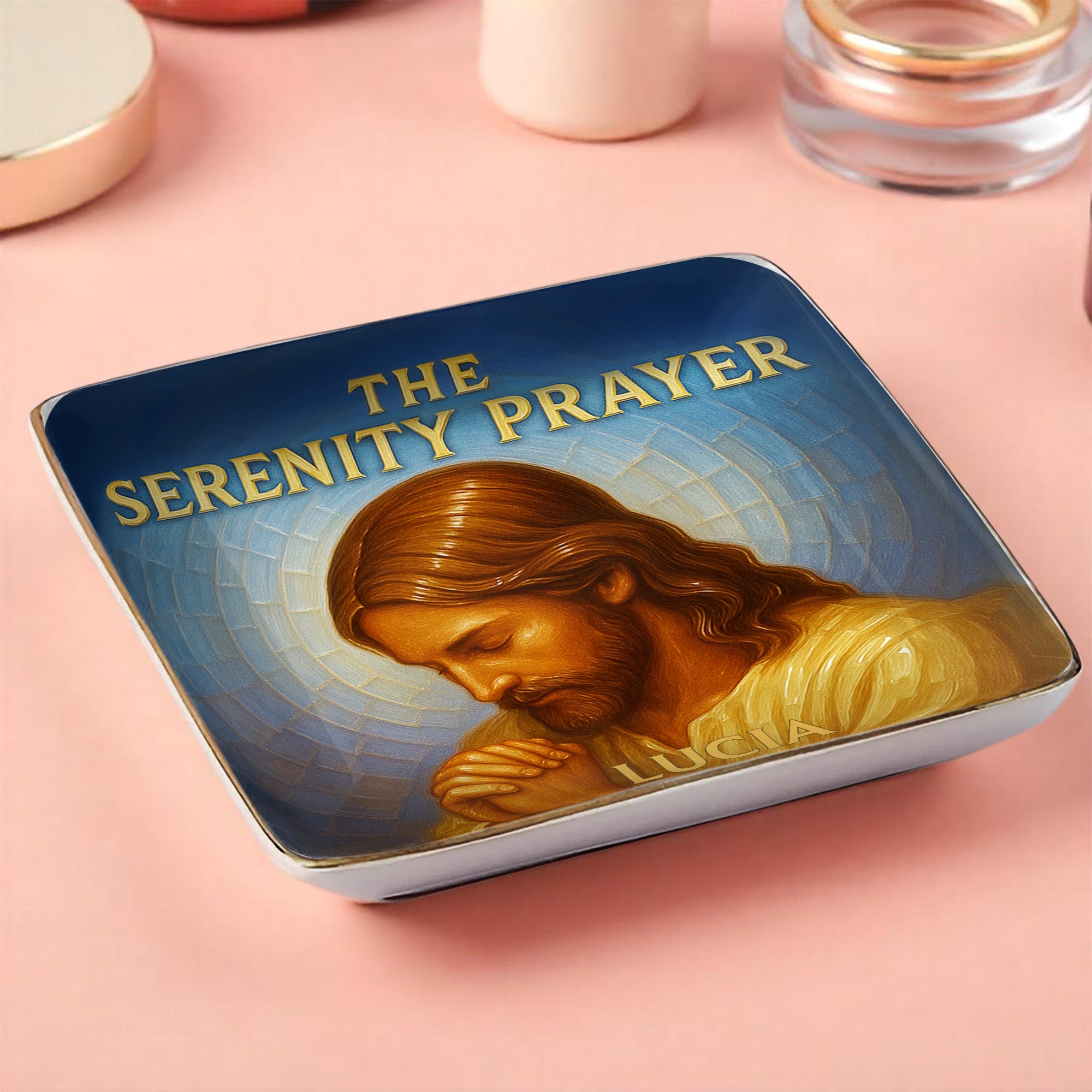 The Serenity Prayer, Religious Iconography and Jesus Christ - Personalized Custom Jewelry Dish, Ceramic Dish, Square Shape - FTH053_SCRF