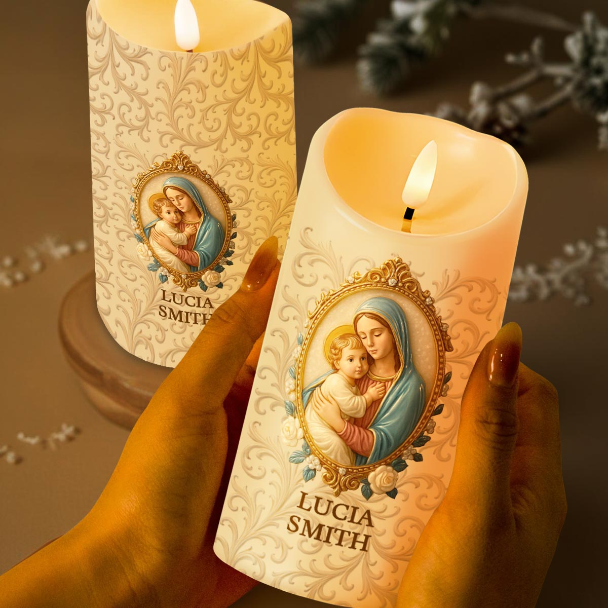 Celebrate Your Faith, Religious Iconography and Floral Patterns - Personalized Custom LED Candle - FTH054_LECA