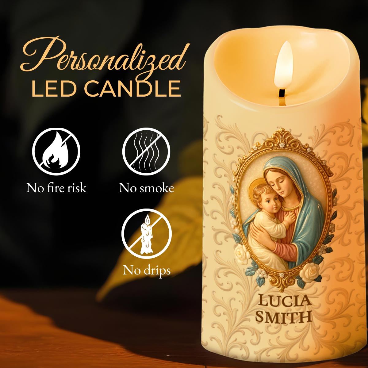 Celebrate Your Faith, Religious Iconography and Floral Patterns - Personalized Custom LED Candle - FTH054_LECA