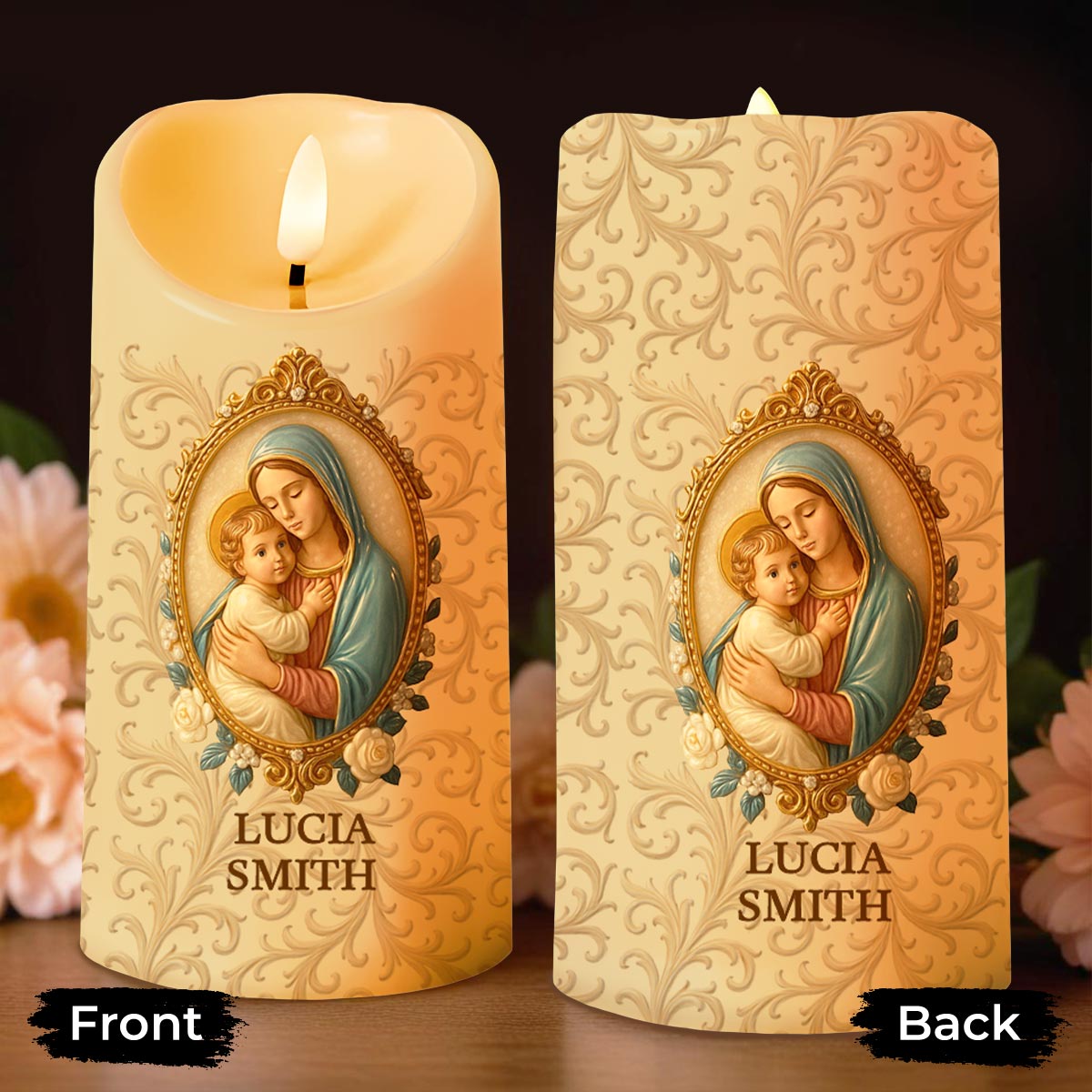 Celebrate Your Faith, Religious Iconography and Floral Patterns - Personalized Custom LED Candle - FTH054_LECA