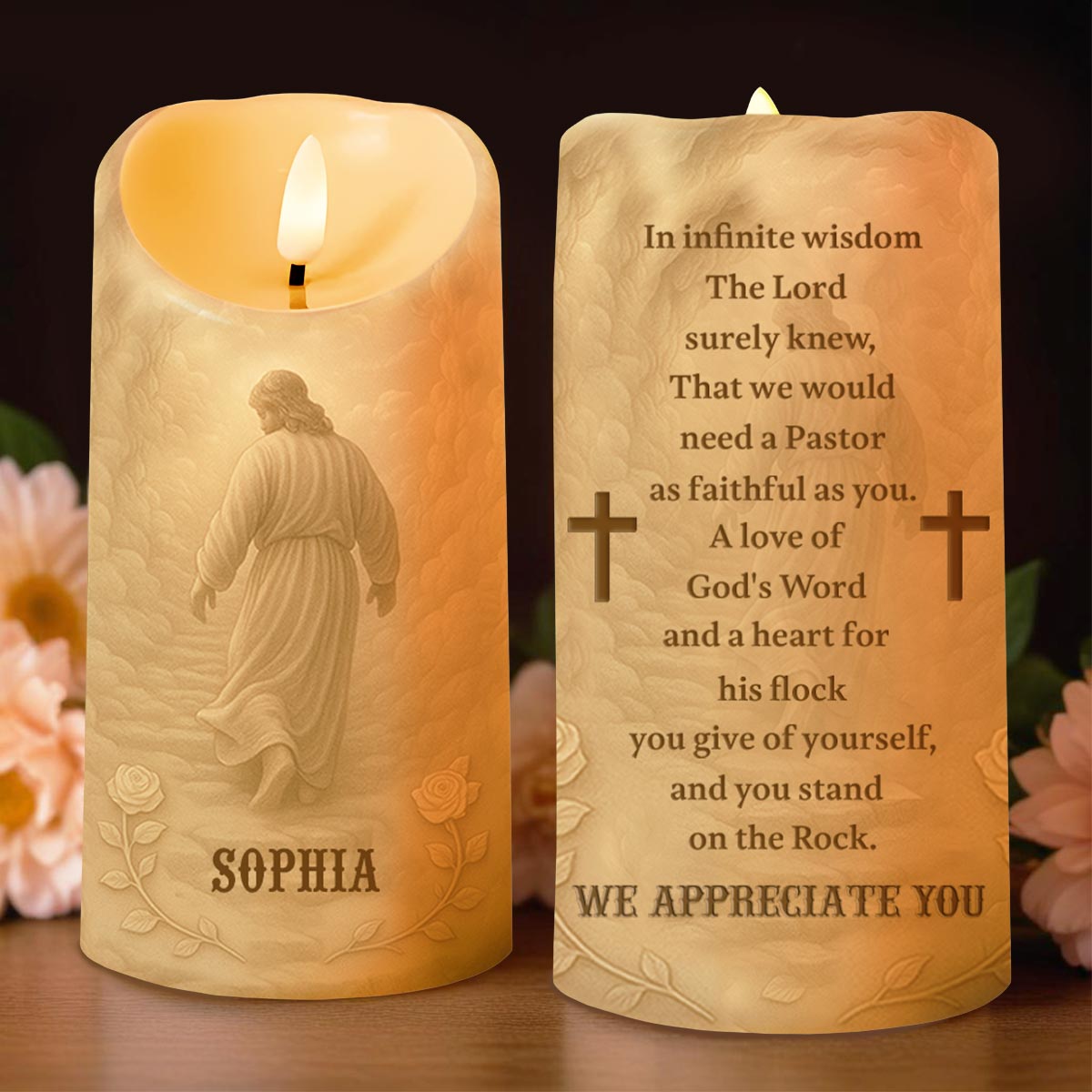 In Infinite Wisdom The Lord, Cross and Religious Figure - Personalized Custom LED Candle - FTH056_LECA
