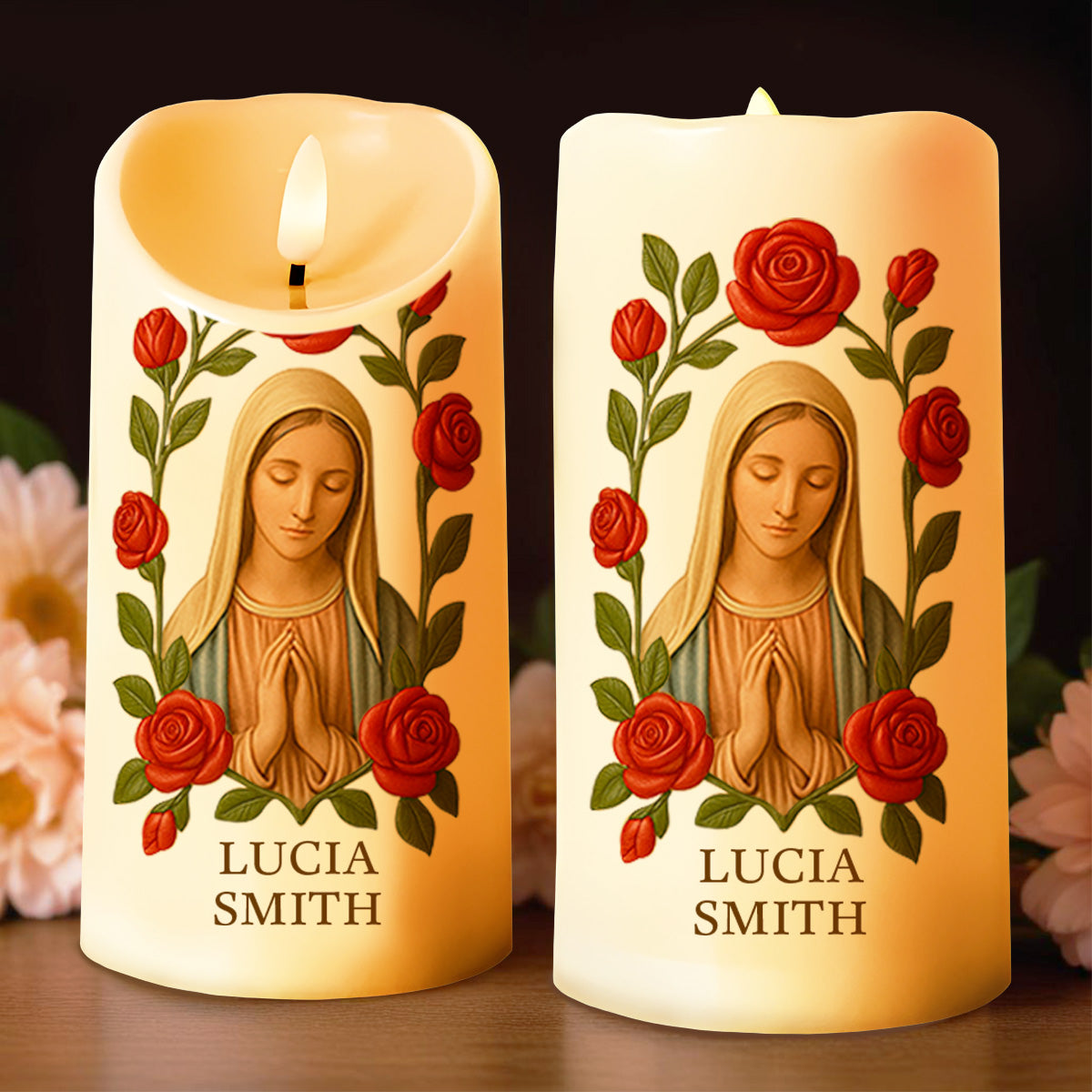 Customize This Beautiful Candle With Virgin Mary And Roses - Personalized Custom LED Candle - FTH087_LECA