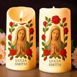 Customize This Beautiful Candle With Virgin Mary And Roses - Personalized Custom LED Candle - FTH087_LECA